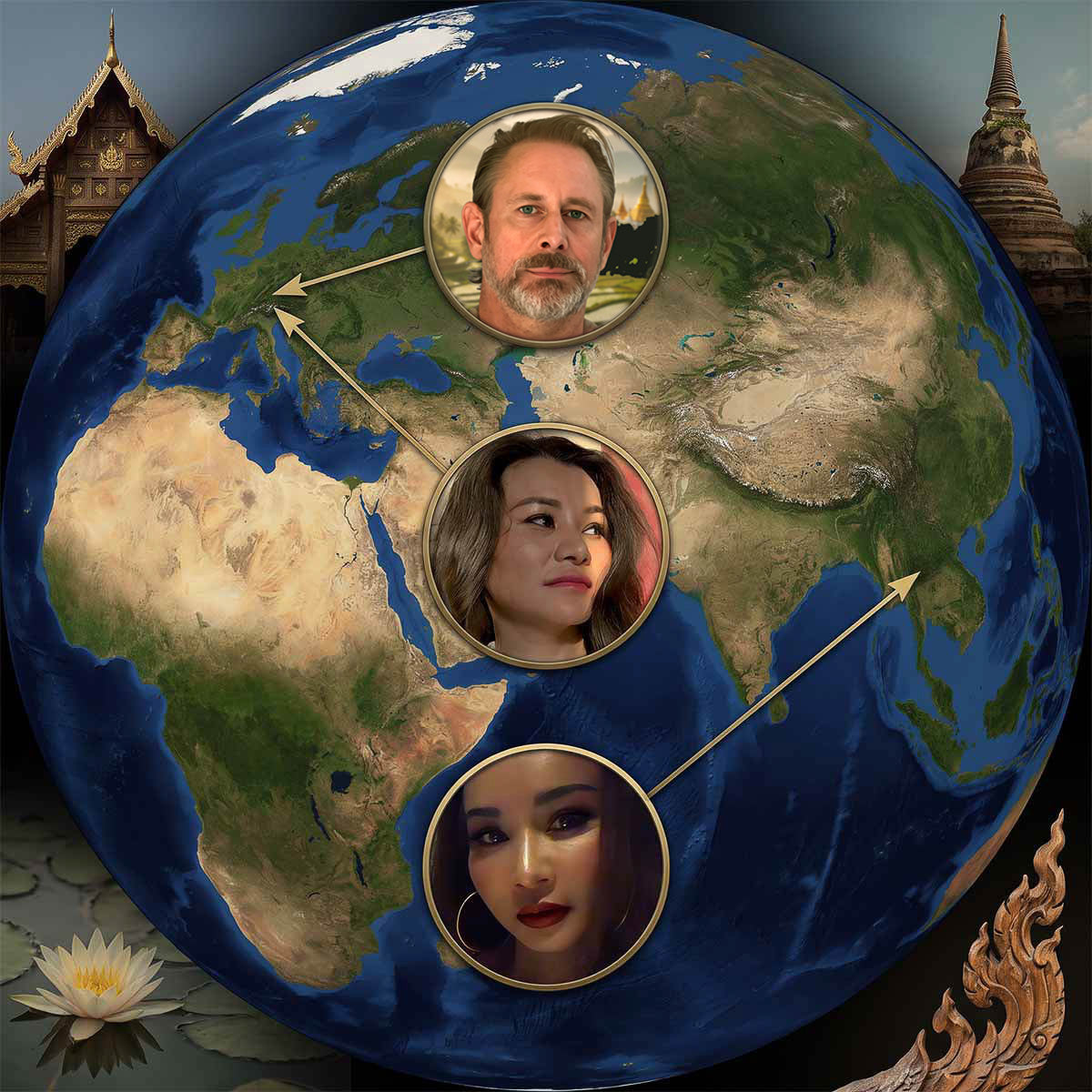 Stylized Earth globe with three circular Lalanna Design team portraits over continents, linked by thin arrows, on a dark decorative background with temple structures and a lotus.