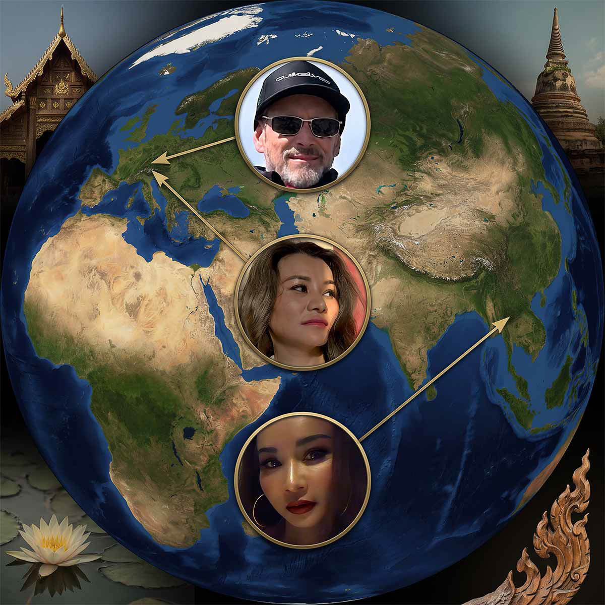 A stylized globe map with three circular portrait cutouts of people placed over continents, connected by thin arrows. The scene is decorative and graphic rather than a straightforward product photo.