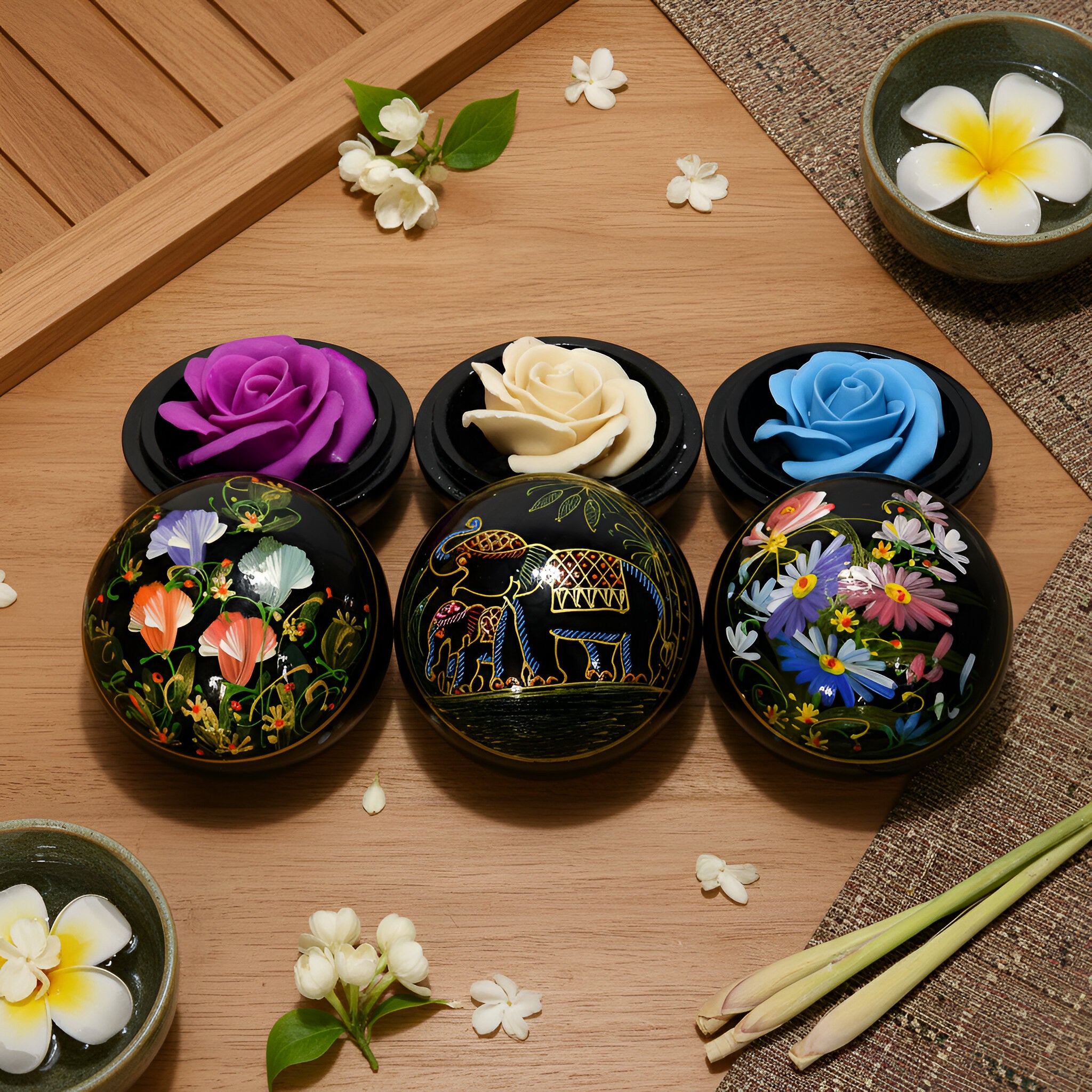Hand-Carved Thai Soap Resembling Rose Flower in Hand-Painted Lacquer Box - Decorative Gift