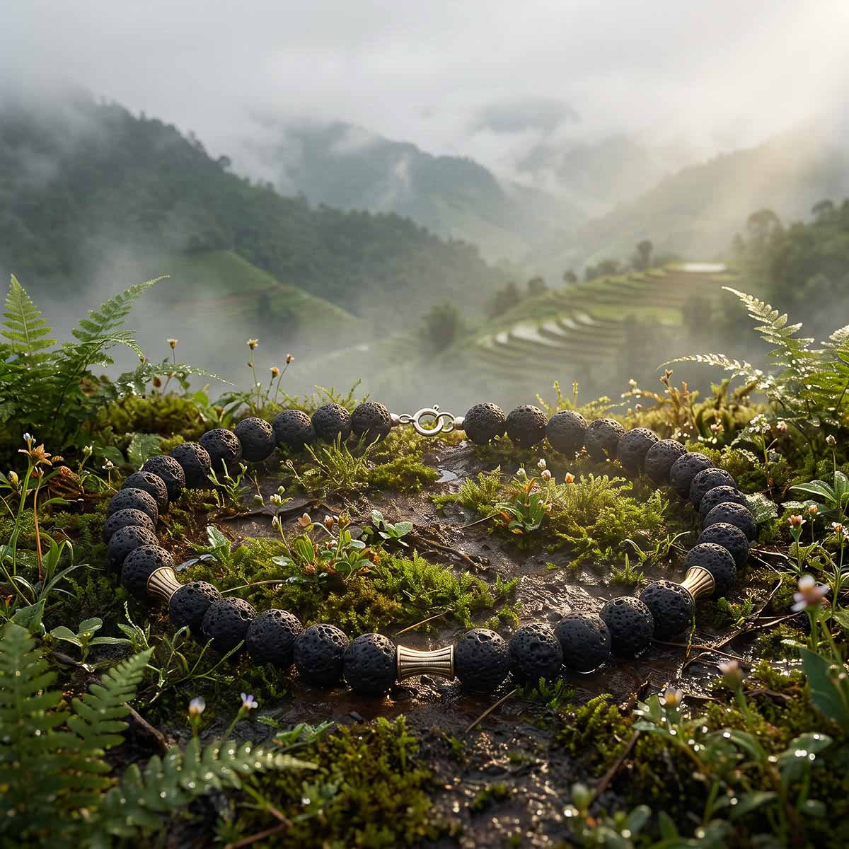 A beaded bracelet made of dark volcanic black beads with metallic gold spacer accents, arranged in a circle on mossy ground with a misty mountain landscape in the background.