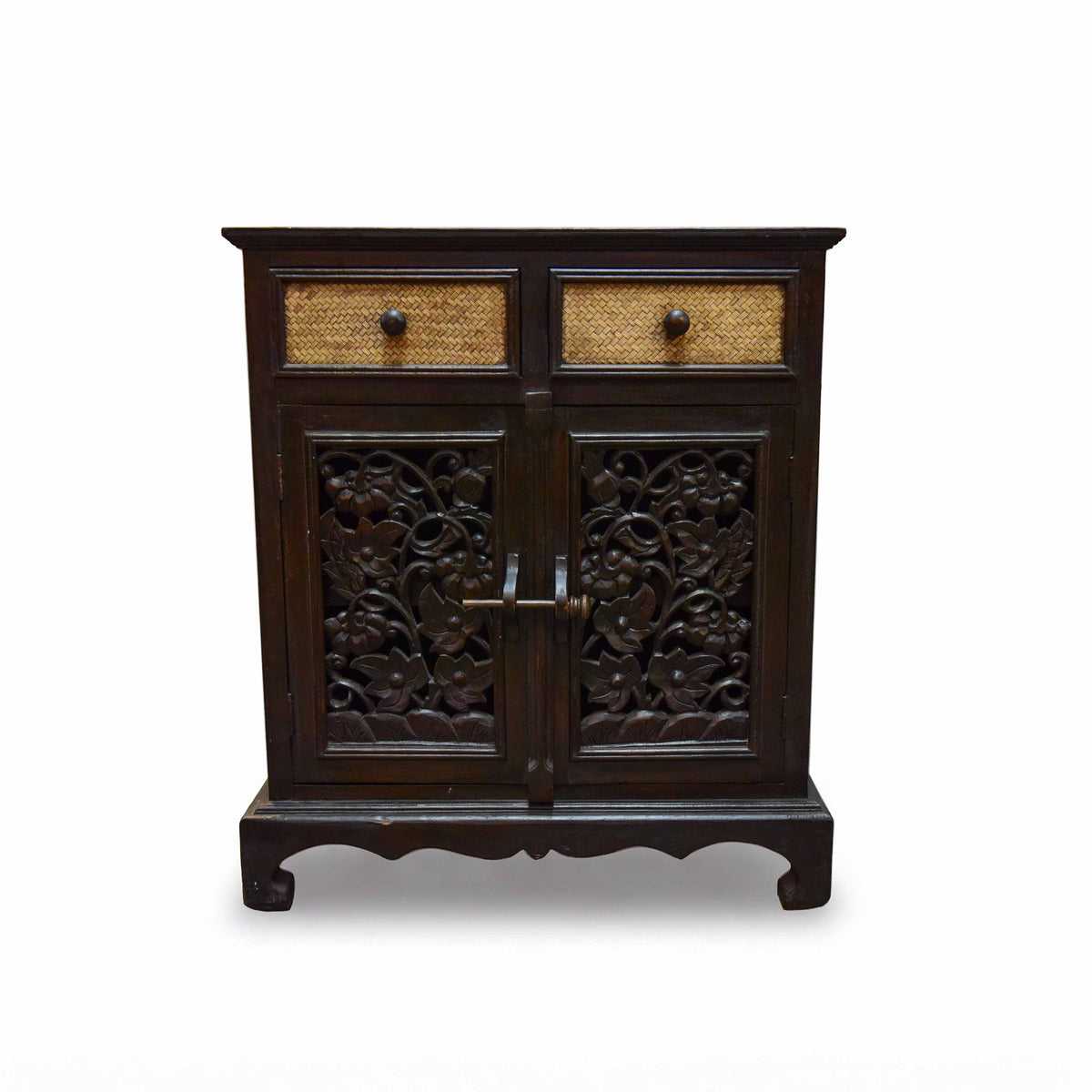 Handcrafted 2-Door Cabinet in Solid Thai Hardwood with Intricate Floral Carvings and Woven Bamboo from Chiang Mai Thailand - Lalanna Design