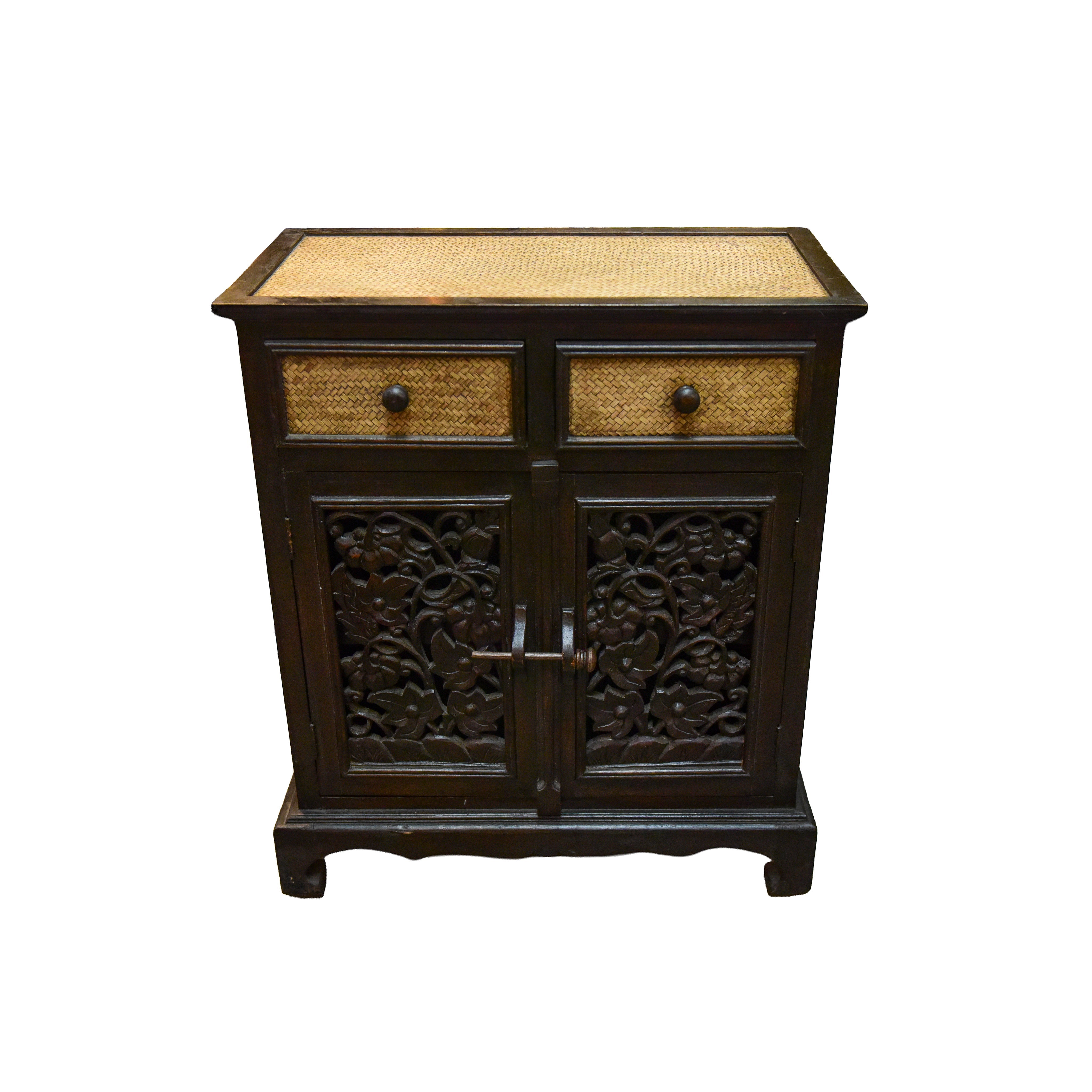 Handcrafted 2-Door Cabinet in Solid Thai Hardwood with Intricate Floral Carvings and Woven Bamboo from Chiang Rai Thailand - Lalanna Design