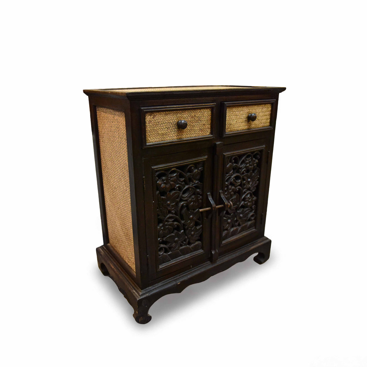 Handcrafted 2-Door Cabinet in Solid Thai Hardwood with Intricate Floral Carvings and Woven Bamboo from Chiang Mai Thailand - Lalanna Design