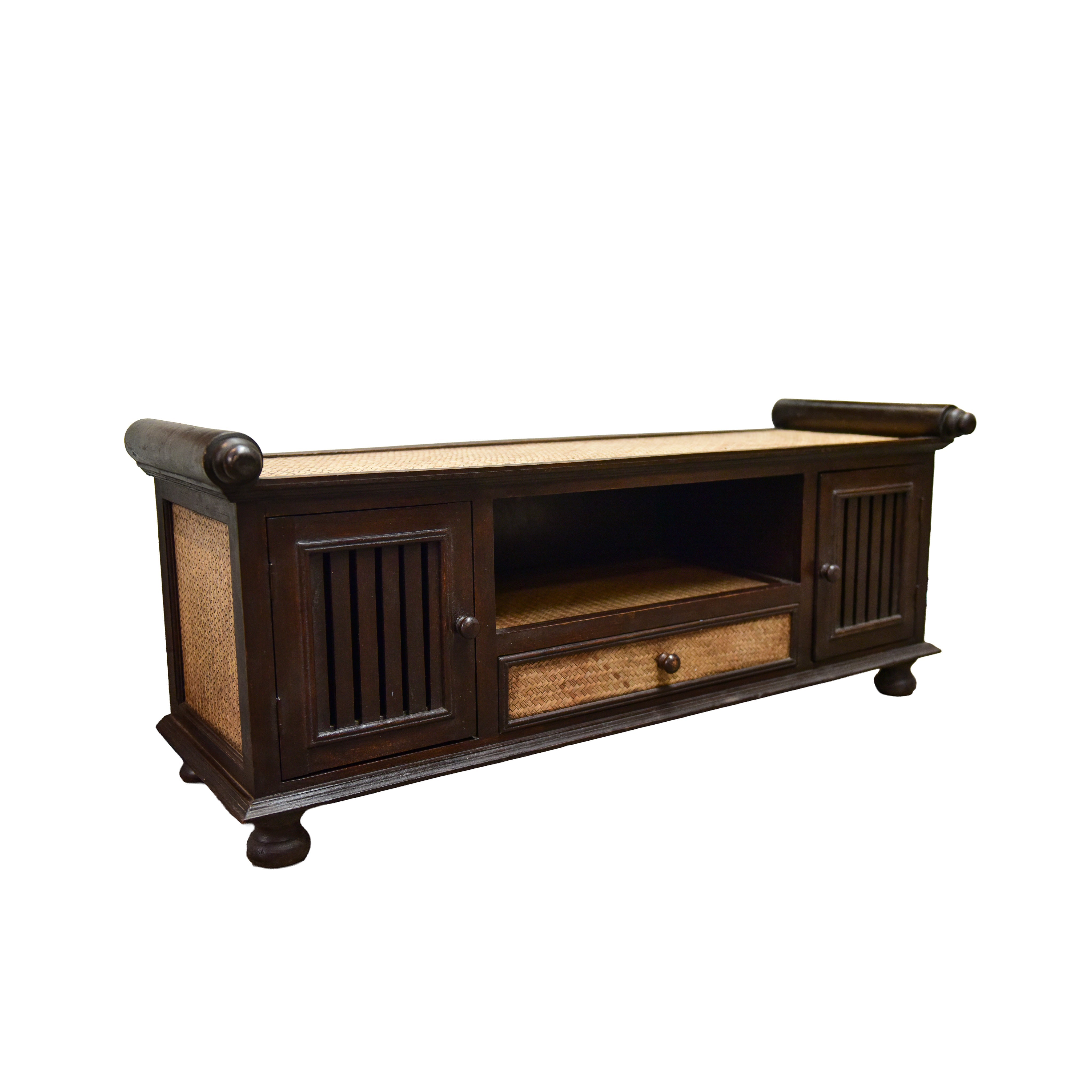 Handcrafted 2-Door Sideboard in Solid Thai Hardwood and Woven Bamboo with Drawer from Chiang Rai Thailand - Lalanna Design