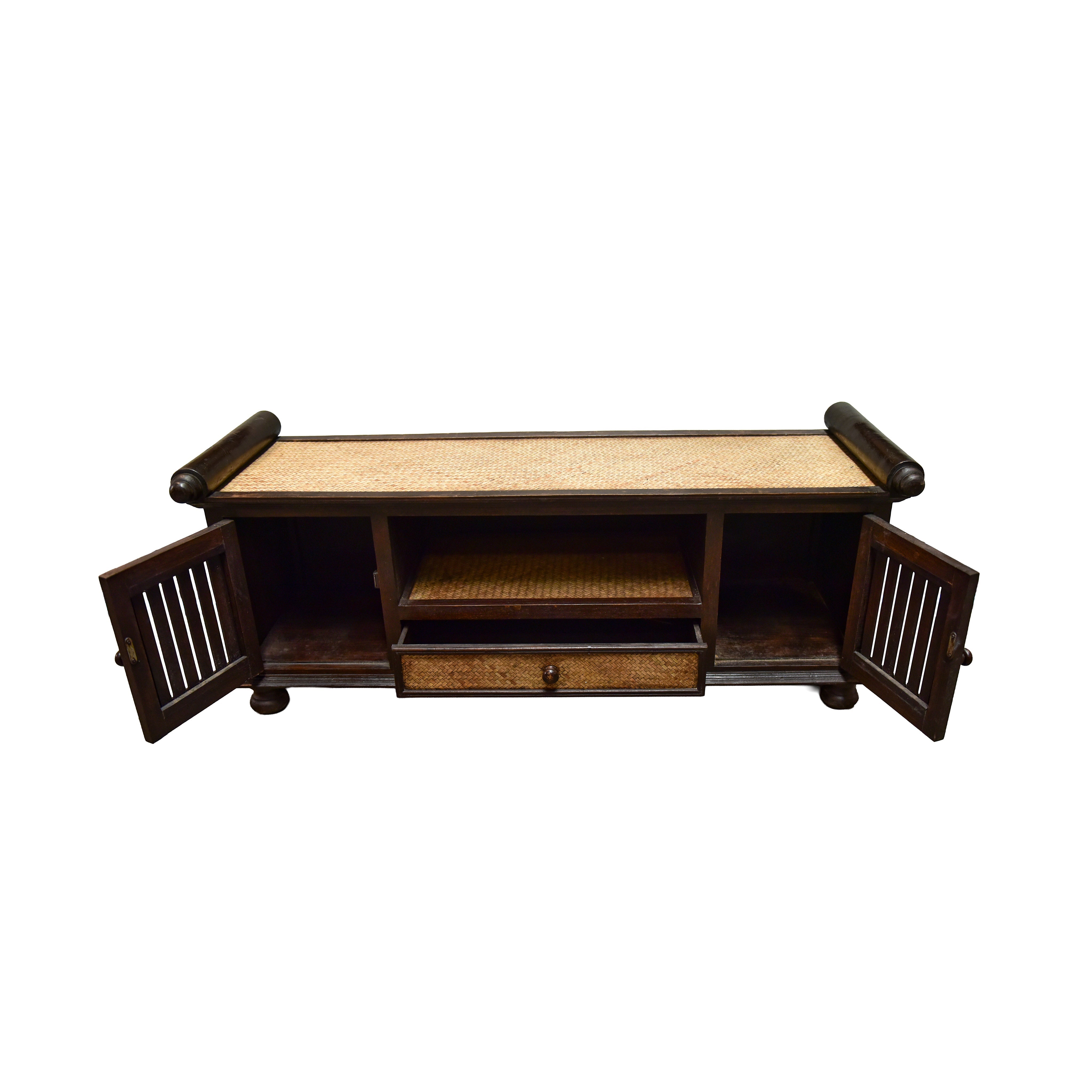 Handcrafted 2-Door Sideboard in Solid Thai Hardwood and Woven Bamboo with Drawer from Chiang Rai Thailand - Lalanna Design