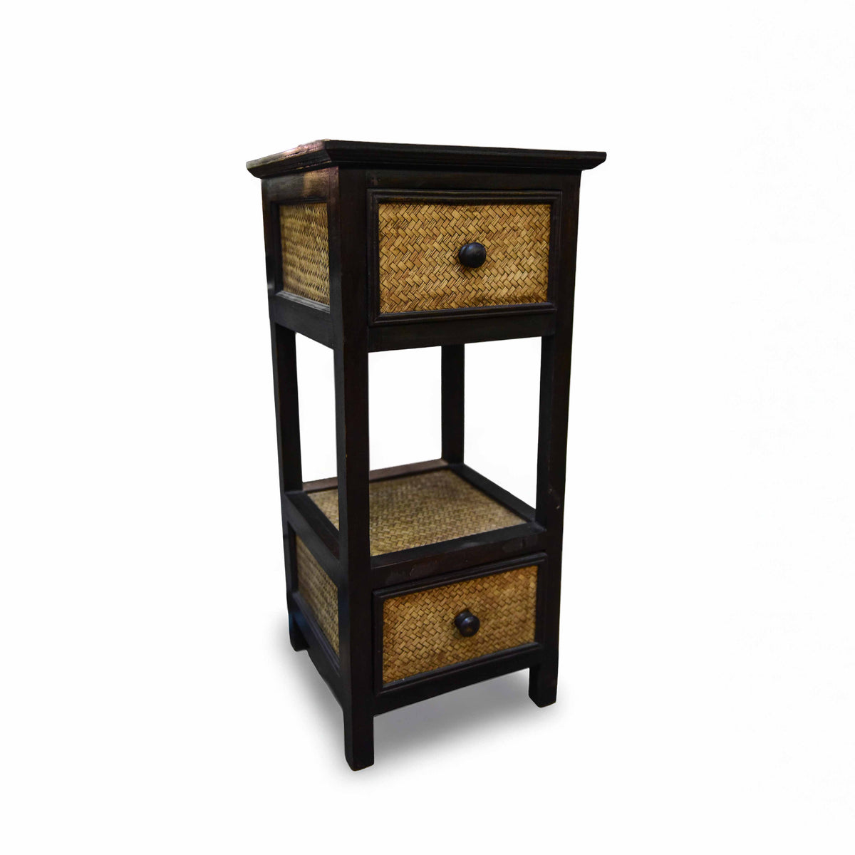 Handcrafted 2-Drawer Narrow Console Table in Solid Thai Hardwood with Woven Bamboo from Chiang Mai Thailand - Lalanna Design