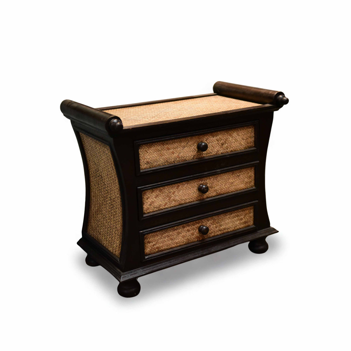 Handcrafted 3-Drawer Chest in Solid Thai Hardwood and Woven Bamboo with Scroll Accents from Chiang Mai Thailand - Lalanna Design