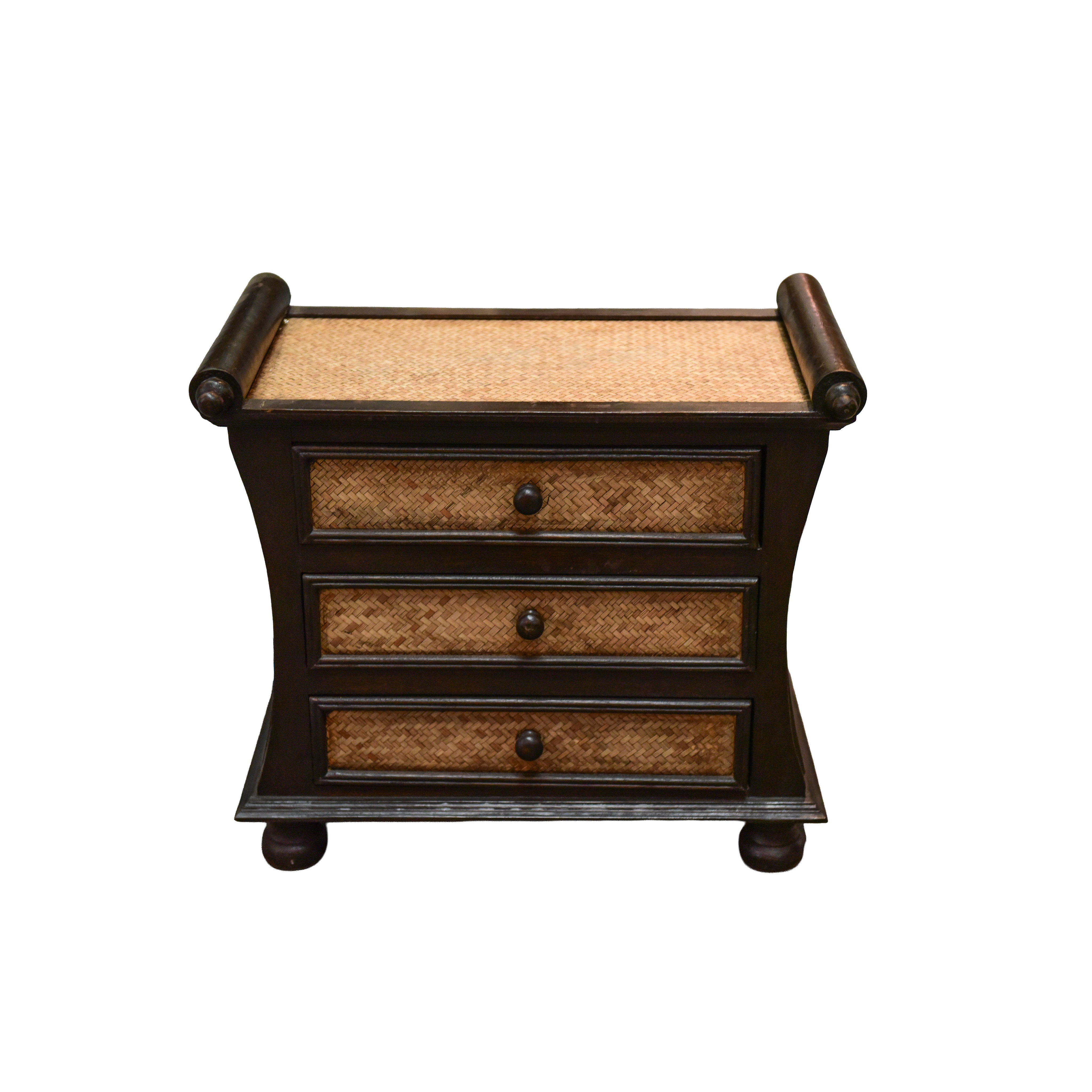 Handcrafted 3-Drawer Chest in Solid Thai Hardwood and Woven Bamboo with Scroll Accents from Chiang Rai Thailand - Lalanna Design
