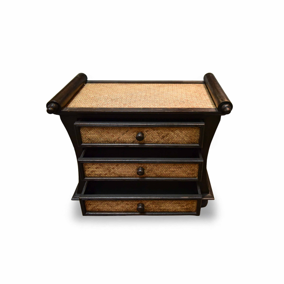 Handcrafted 3-Drawer Chest in Solid Thai Hardwood and Woven Bamboo with Scroll Accents from Chiang Mai Thailand - Lalanna Design