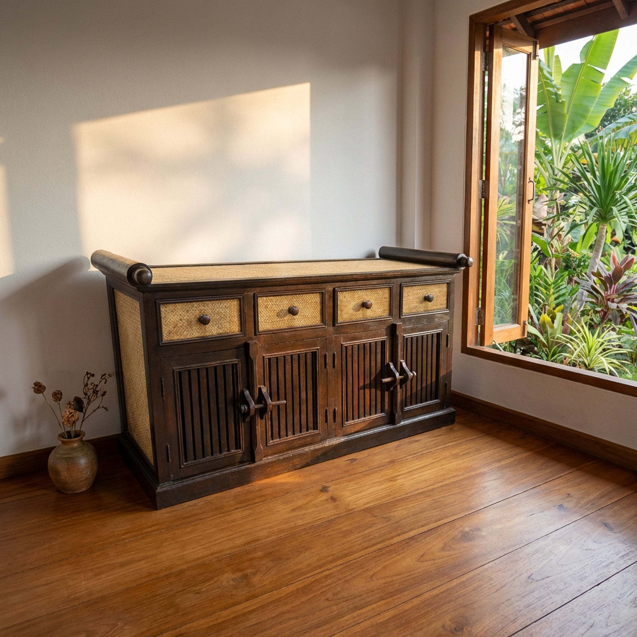 Handcrafted 4-Door Buffet Cabinet in Solid Thai Hardwood and Woven Bamboo from Chiang Rai Thailand - Lalanna Design