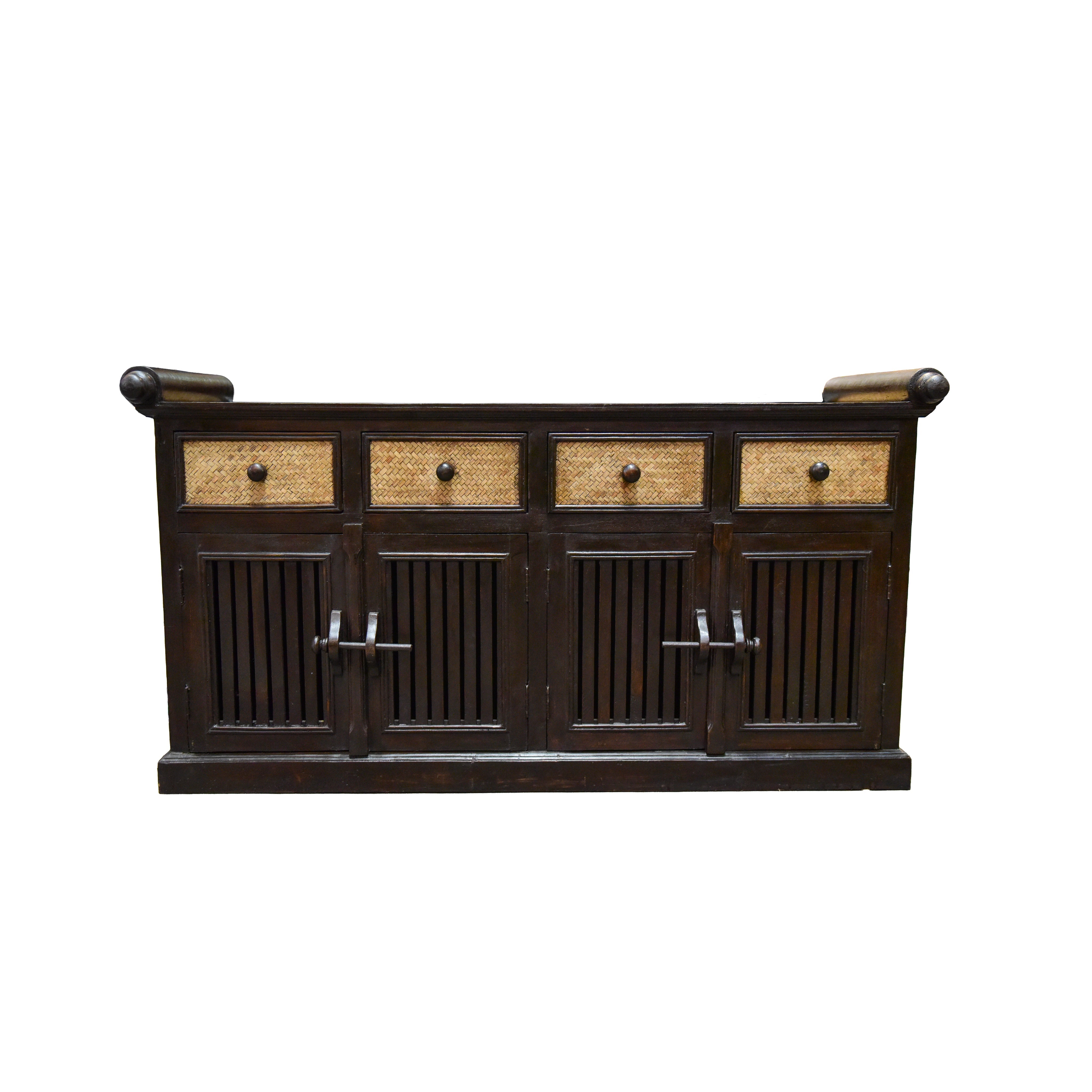 Handcrafted 4-Door Buffet Cabinet in Solid Thai Hardwood and Woven Bamboo from Chiang Rai Thailand - Lalanna Design