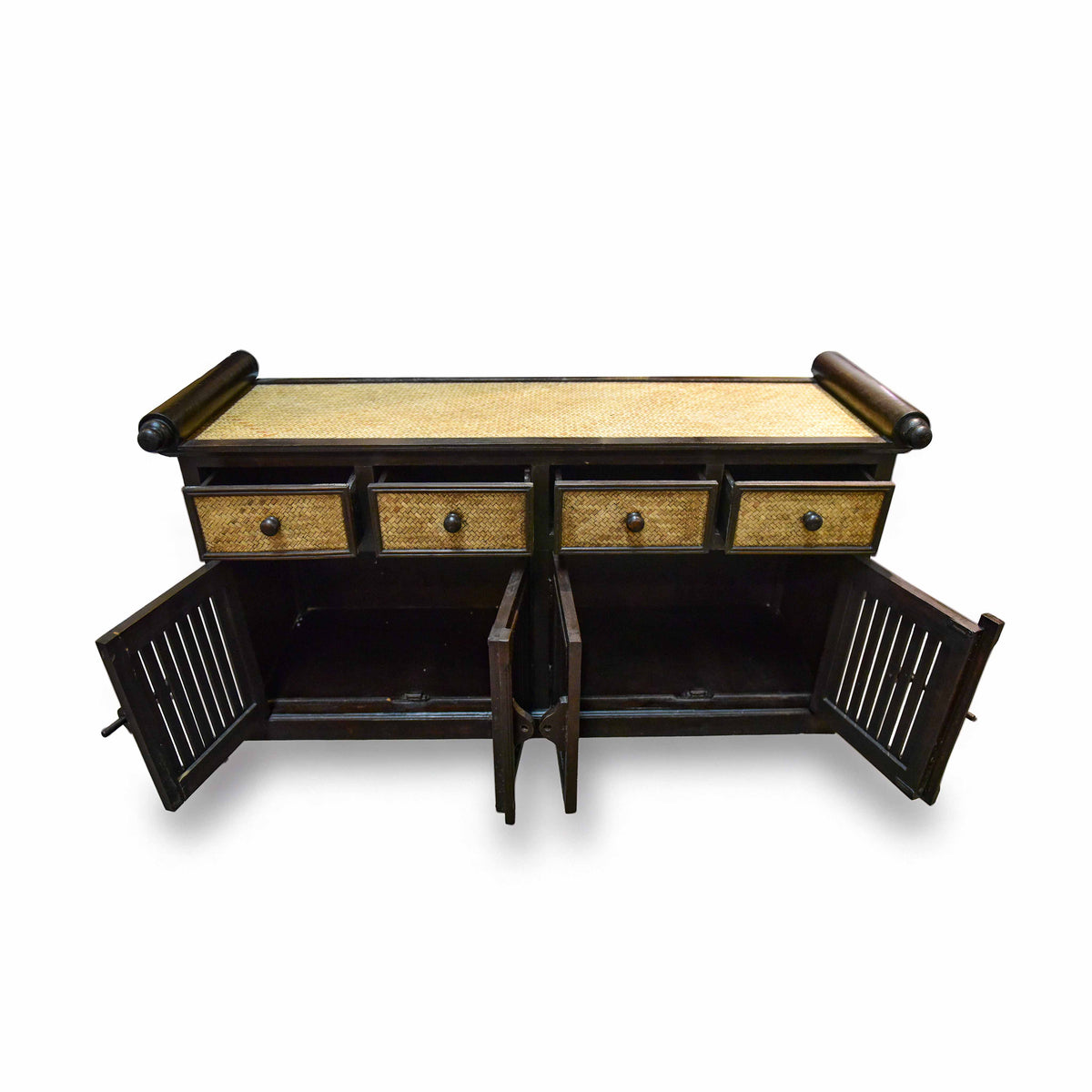Handcrafted 4-Door Buffet Cabinet in Solid Thai Hardwood and Woven Bamboo from Chiang Mai Thailand - Lalanna Design