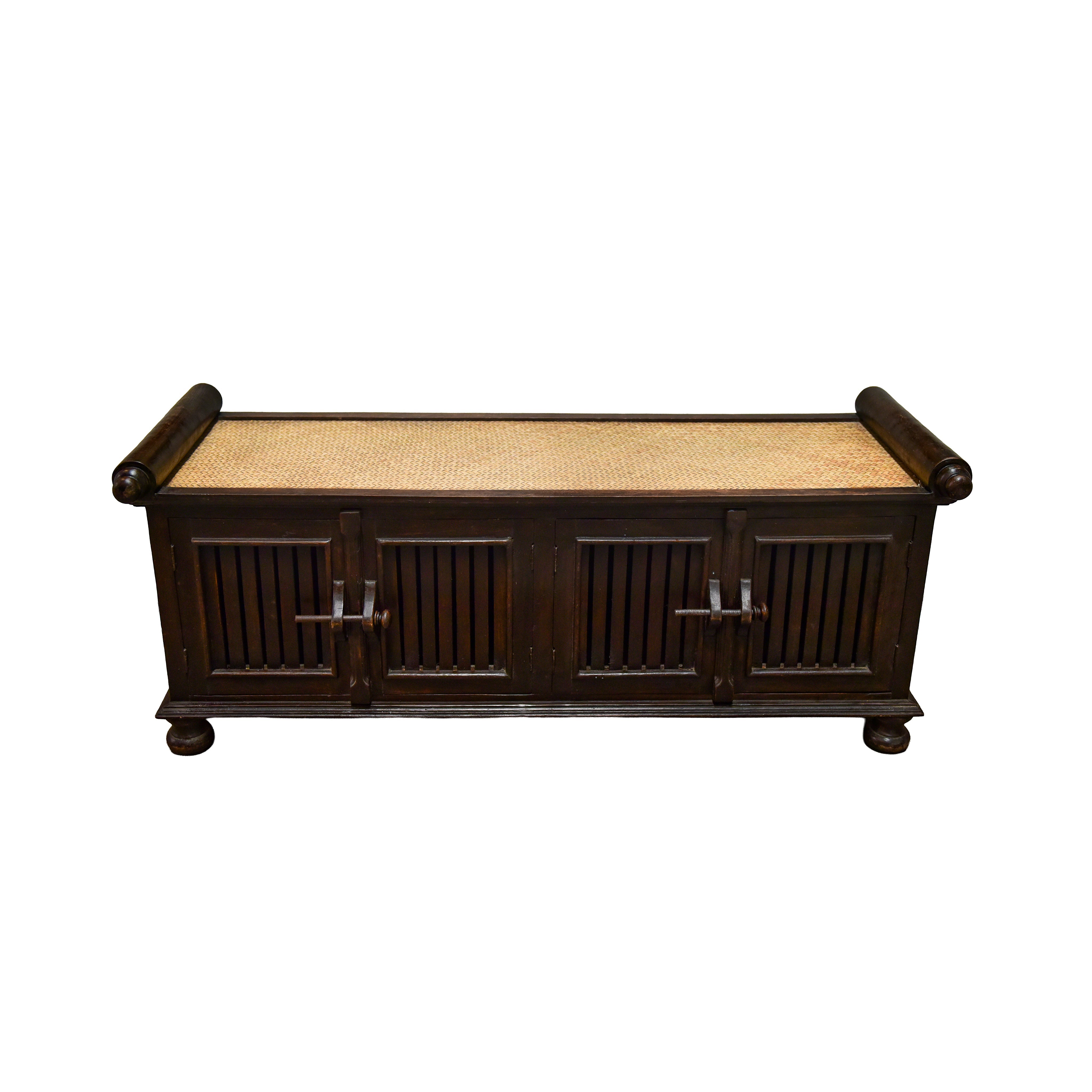 Handcrafted 4-Door Sideboard in Solid Thai Hardwood and Woven Bamboo from Chiang Rai Thailand - Lalanna Design