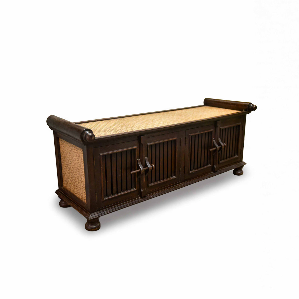 Handcrafted 4-Door Sideboard in Solid Thai Hardwood and Woven Bamboo from Chiang Mai Thailand - Lalanna Design