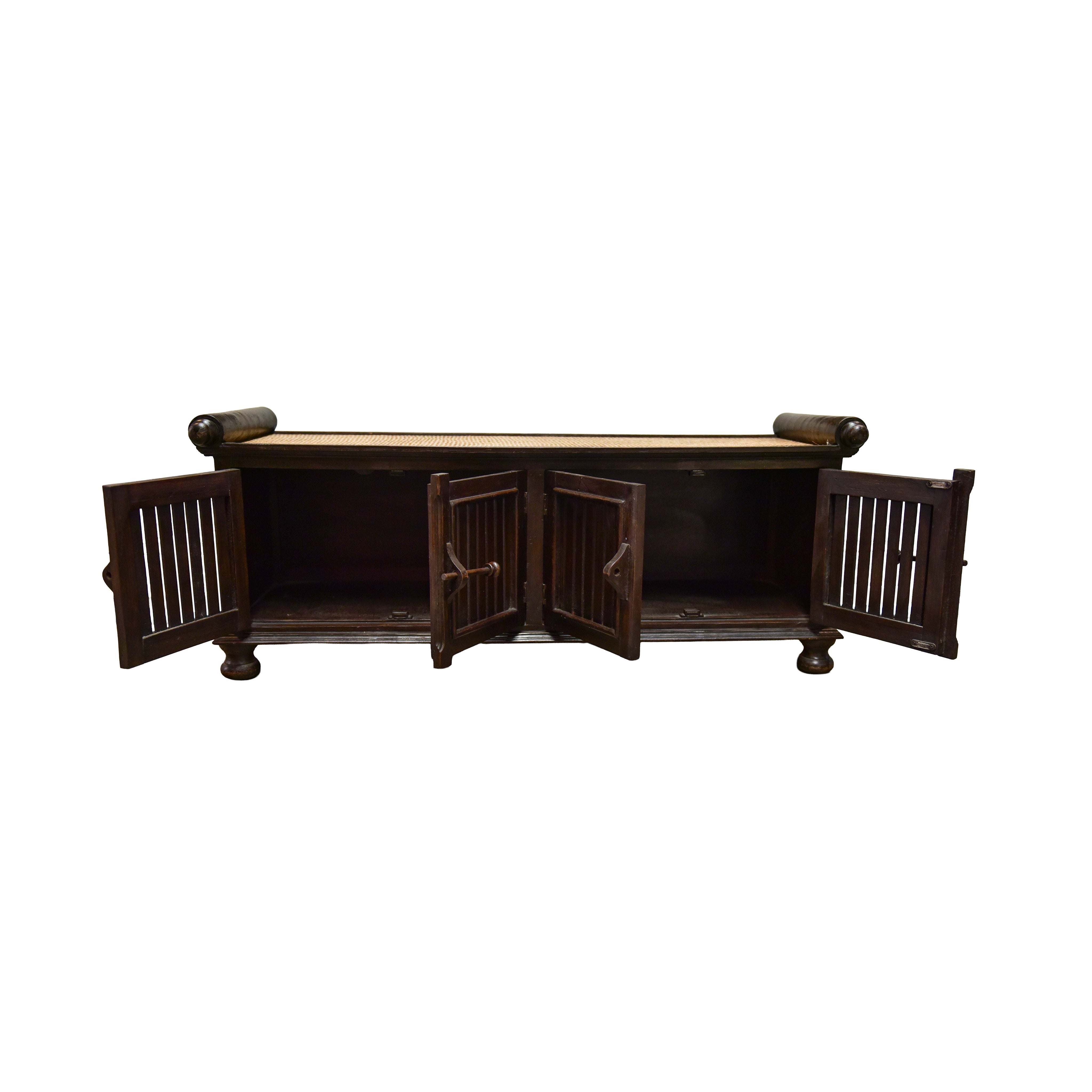 Handcrafted 4-Door Sideboard in Solid Thai Hardwood and Woven Bamboo from Chiang Rai Thailand - Lalanna Design