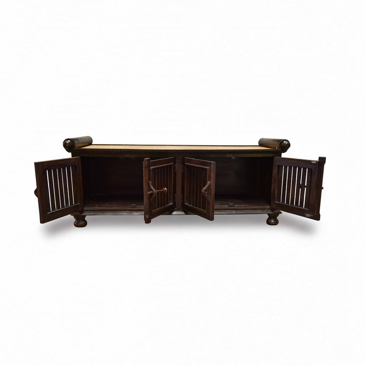 Handcrafted 4-Door Sideboard in Solid Thai Hardwood and Woven Bamboo from Chiang Mai Thailand - Lalanna Design