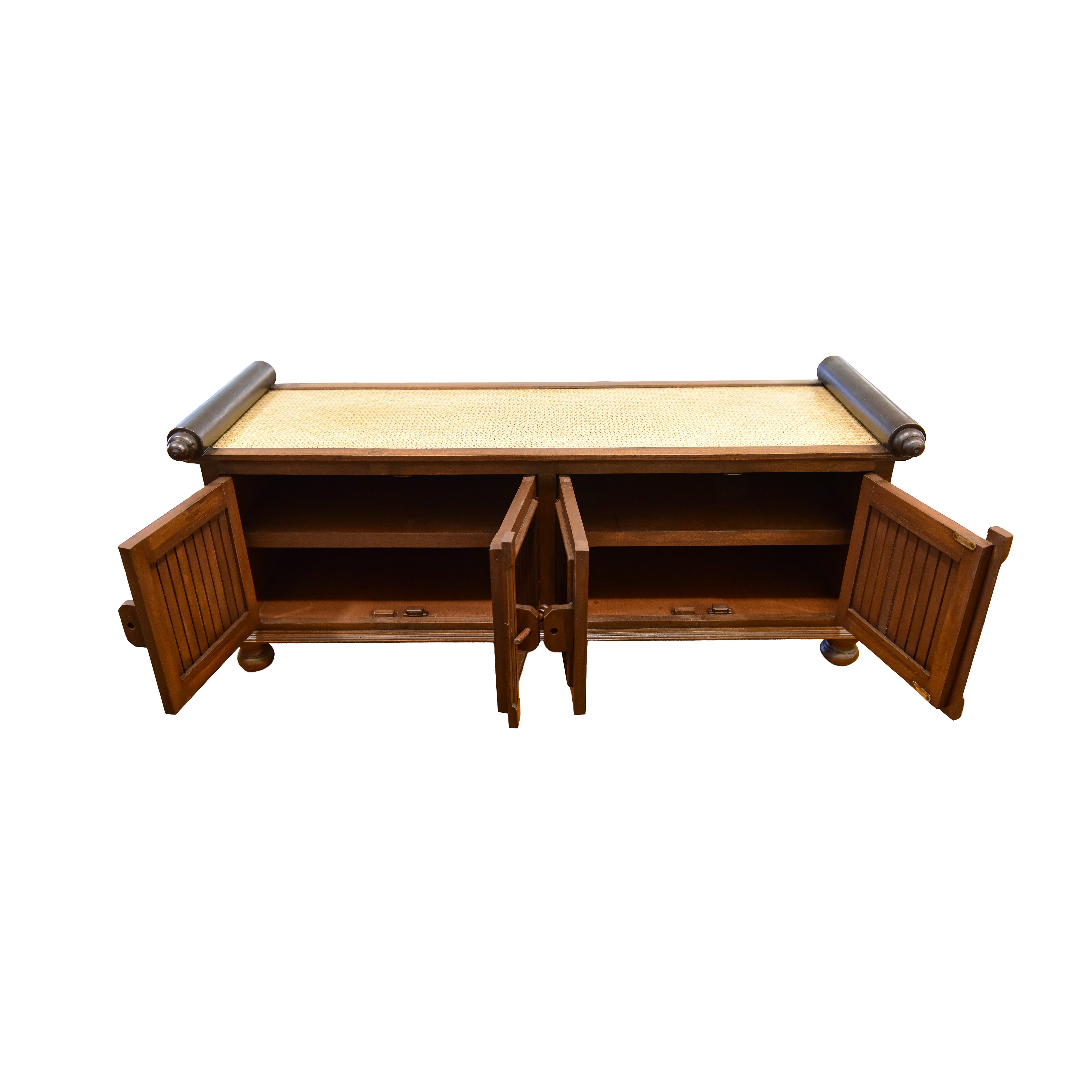 Handcrafted 4-Door Sideboard in Solid Thai Hardwood and Woven Sedge from Chiang Rai Thailand - Lalanna Design