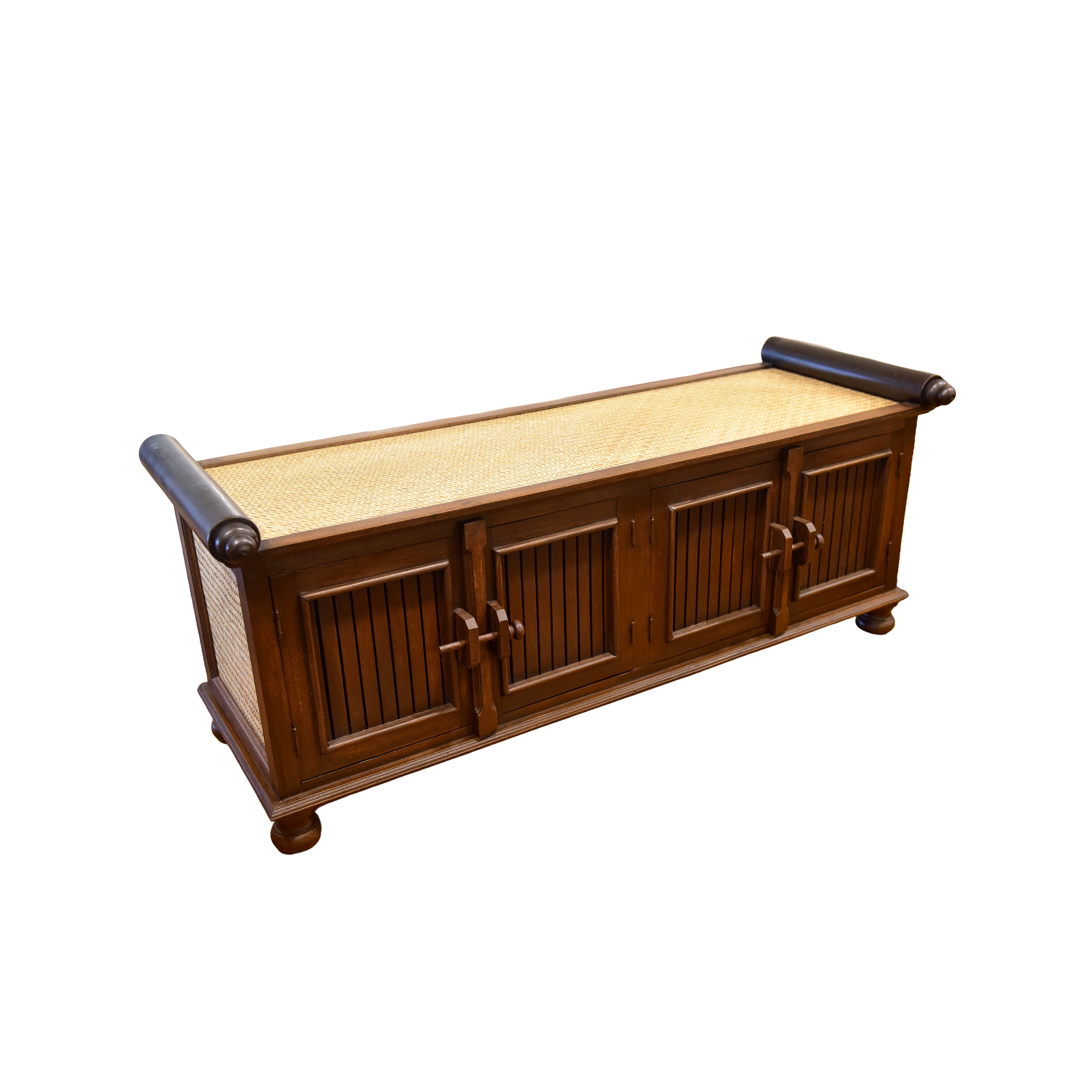 Handcrafted 4-Door Sideboard in Solid Thai Hardwood and Woven Sedge from Chiang Rai Thailand - Lalanna Design