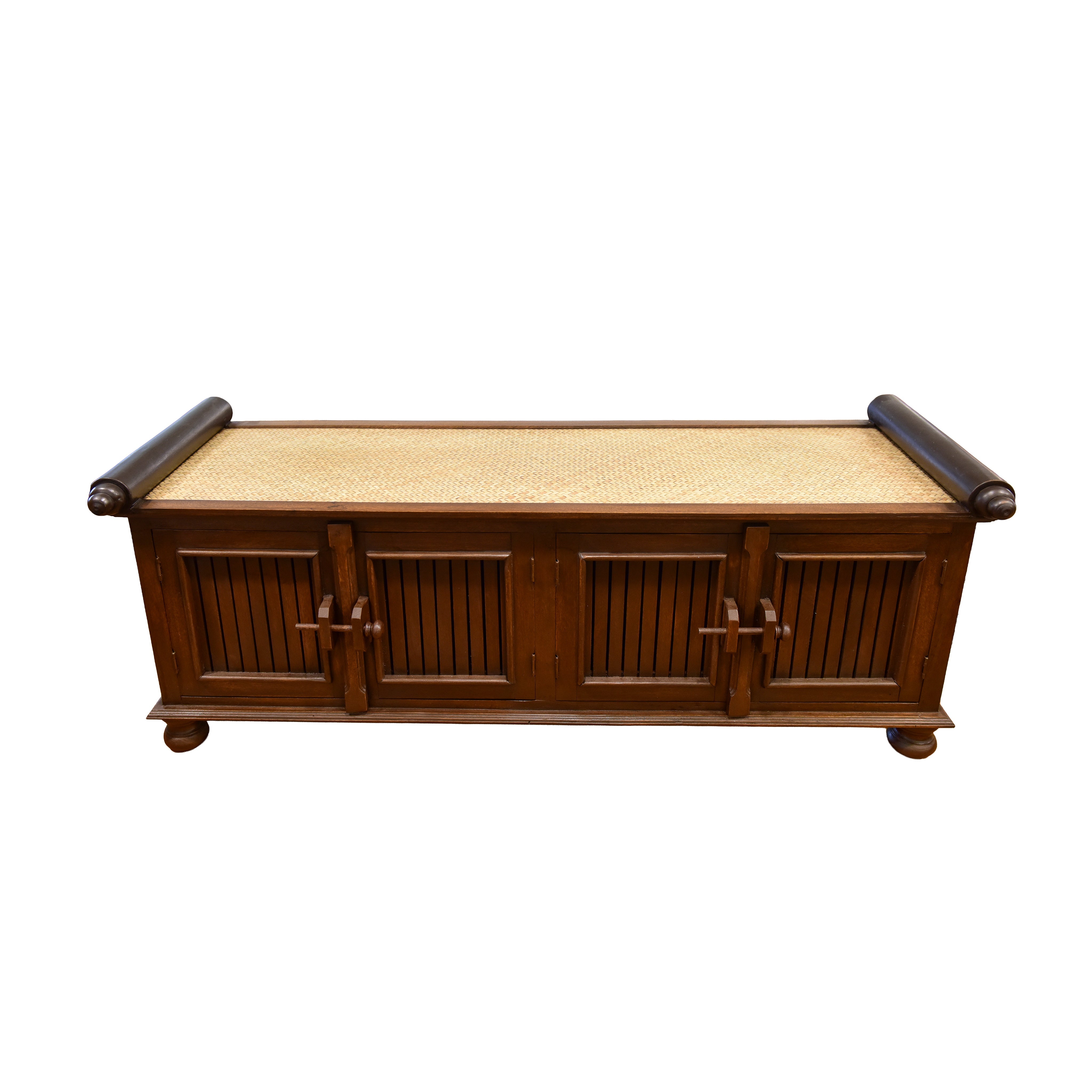 Handcrafted 4-Door Sideboard in Solid Thai Hardwood and Woven Sedge from Chiang Rai Thailand - Lalanna Design