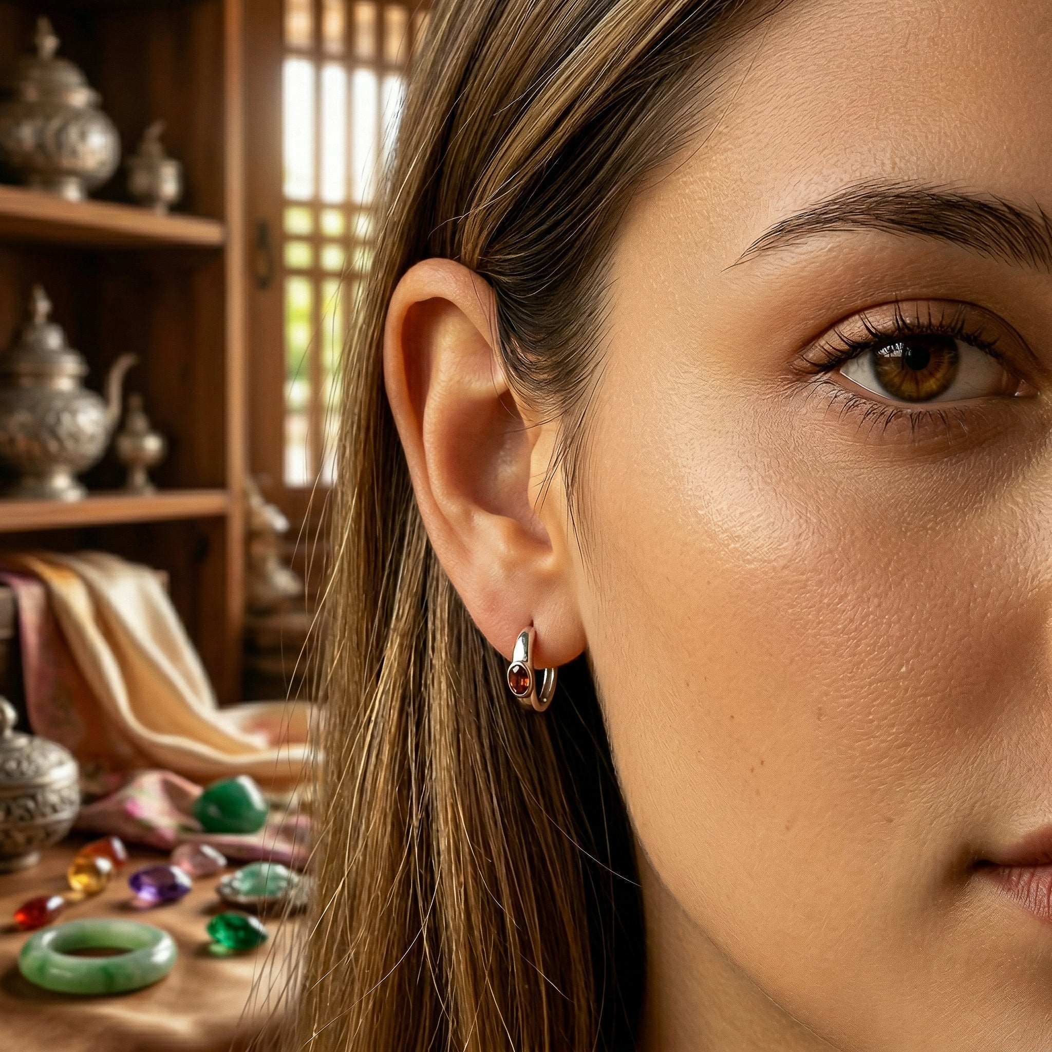 Handcrafted 925 Silver Garnet Hoop Earrings from Chiang Rai Thailand - Lalanna Design