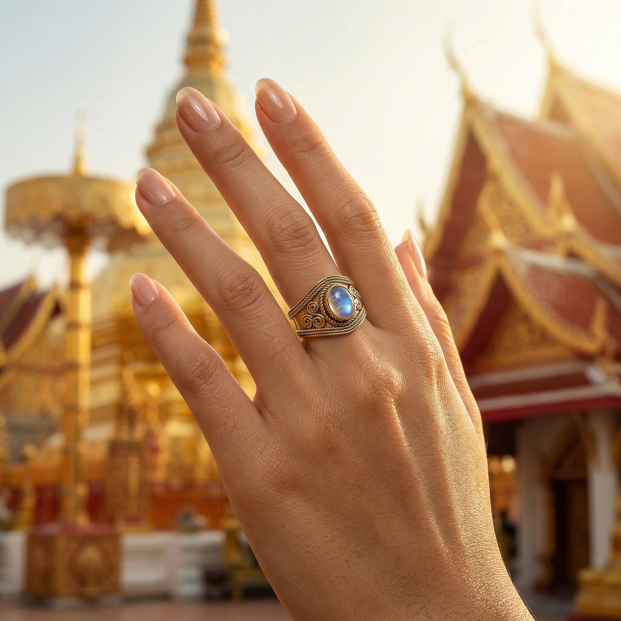 Handcrafted 925 Silver Rainbow Moonstone Ring from Chiang Rai Thailand - Lalanna Design