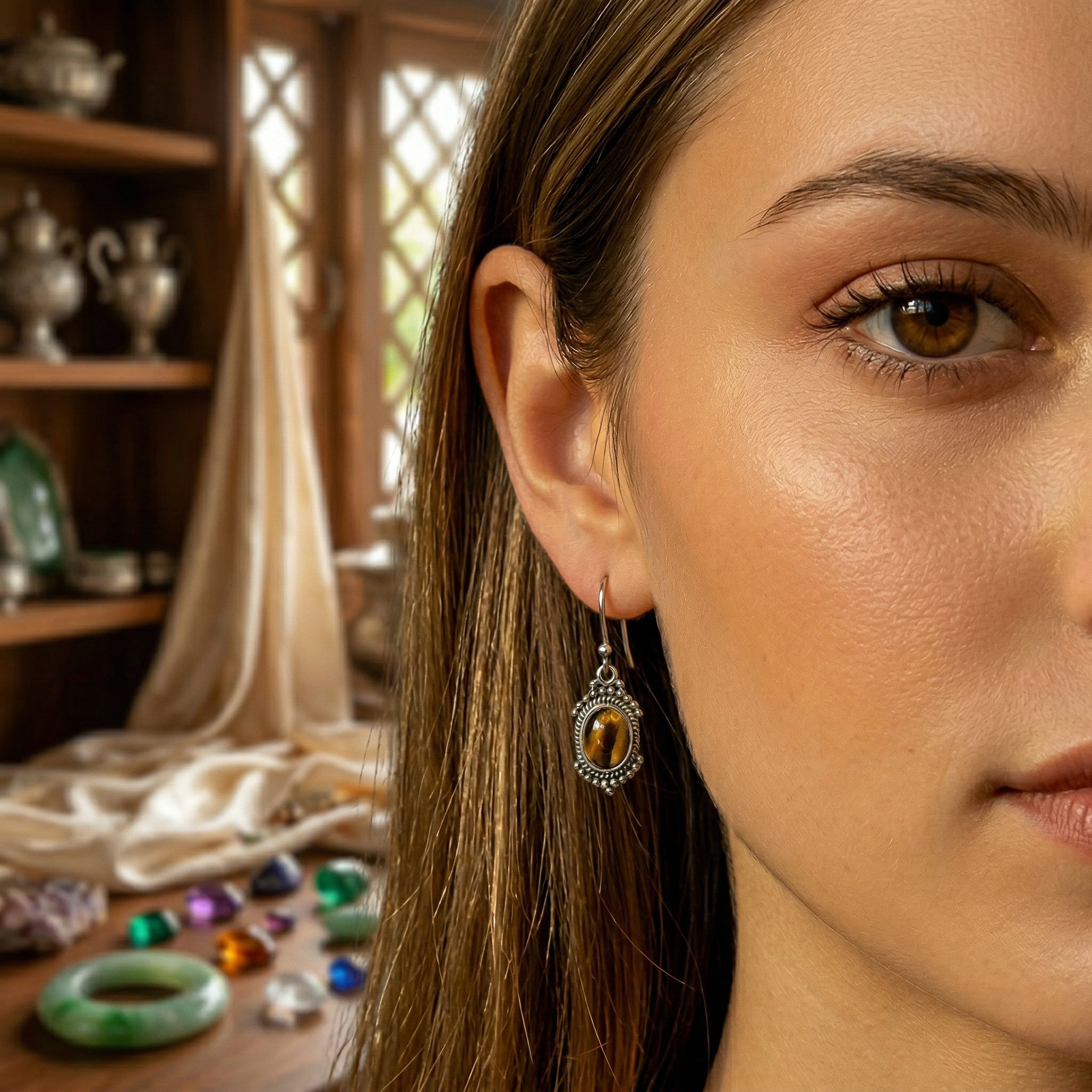 Handcrafted 925 Silver Tiger Eye Earrings from Chiang Rai Thailand - Lalanna Design