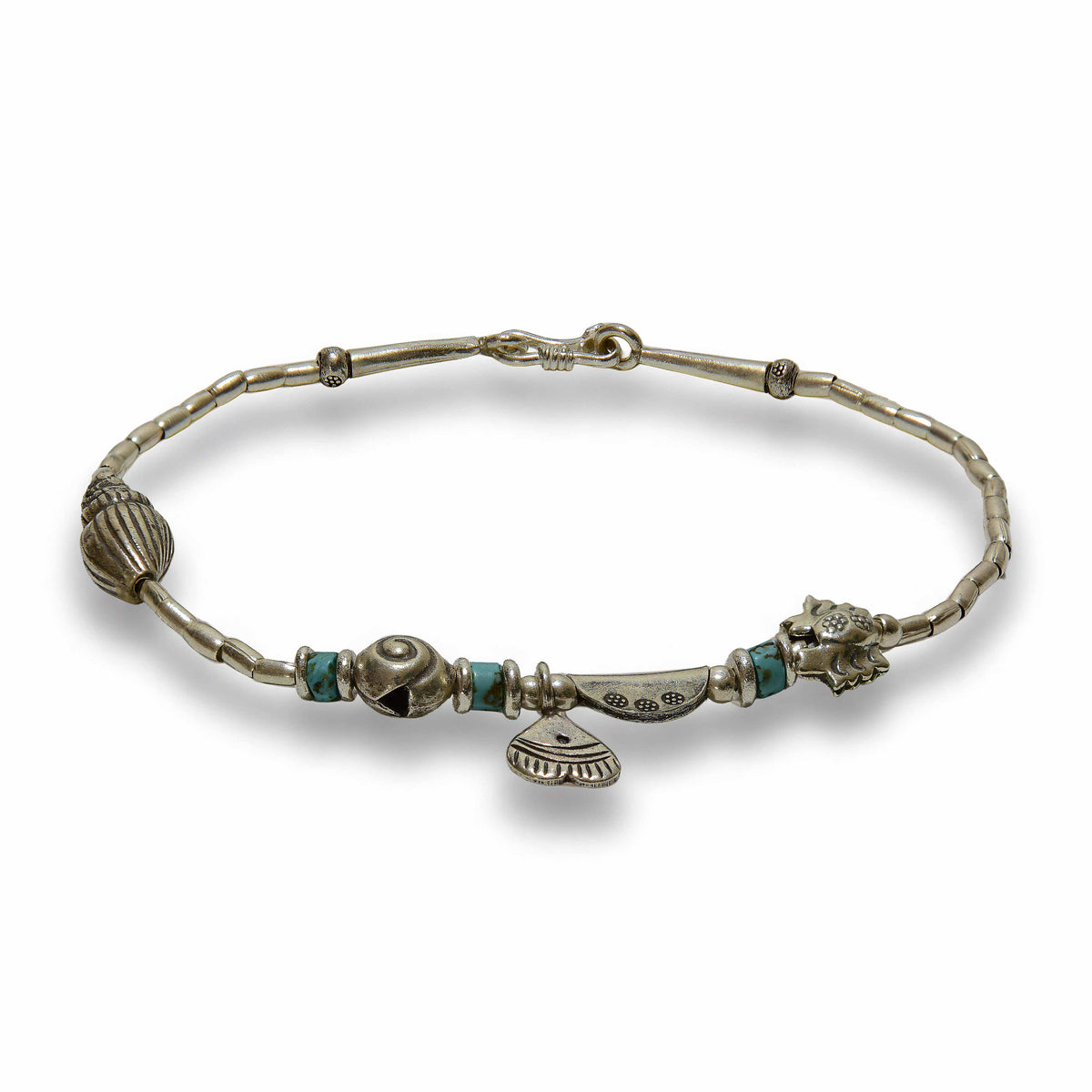 Handcrafted 98% Fine Karen Hill Tribe Lion Heart Silver Turquoise Anklet - Handmade Jewelry from Chiang Mai Thailand - Lalanna Design