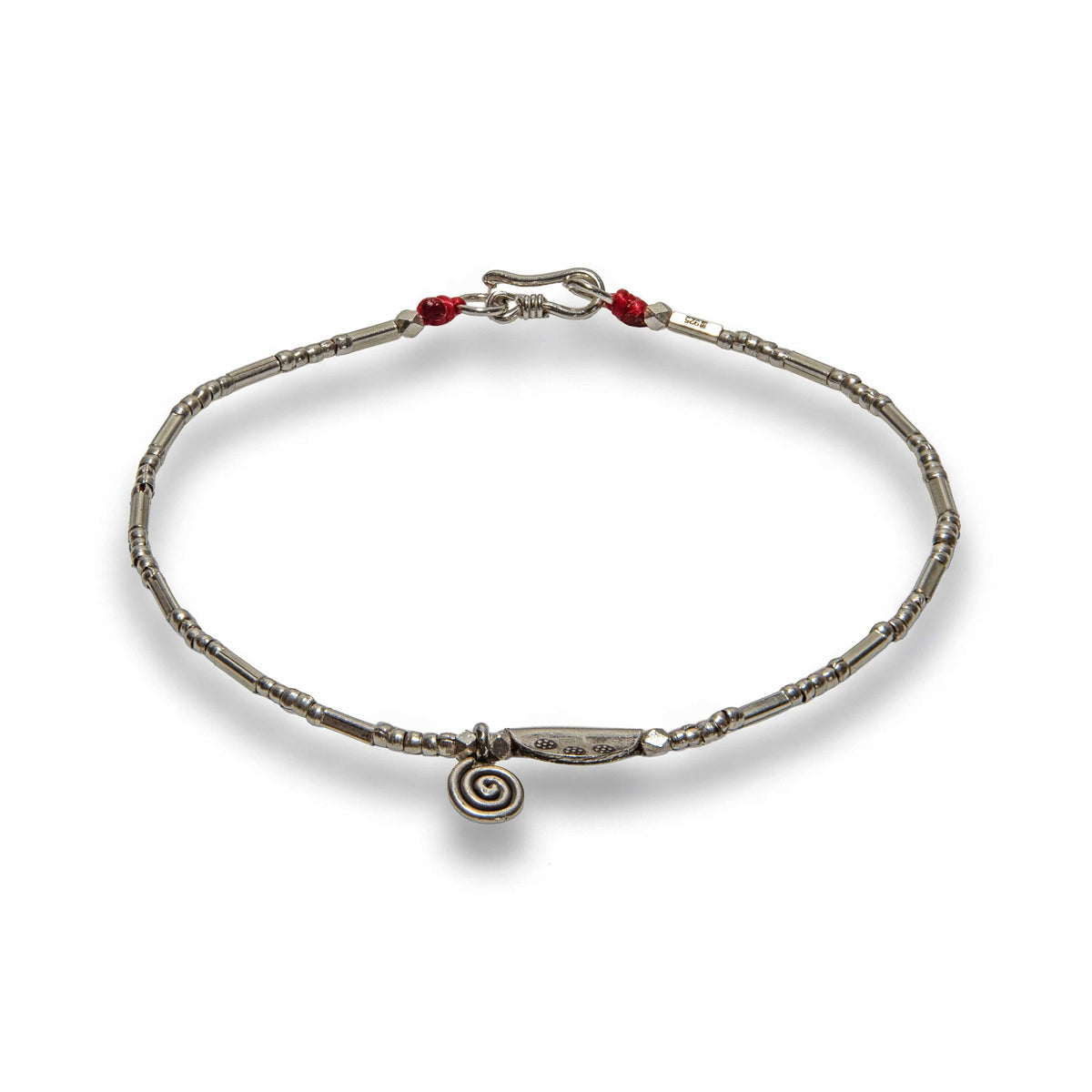 Handcrafted 98% Fine Karen Hill Tribe Silver Anklet with Spiral Charm And Red Accents - Handmade Jewelry from Chiang Mai Thailand - Lalanna Design