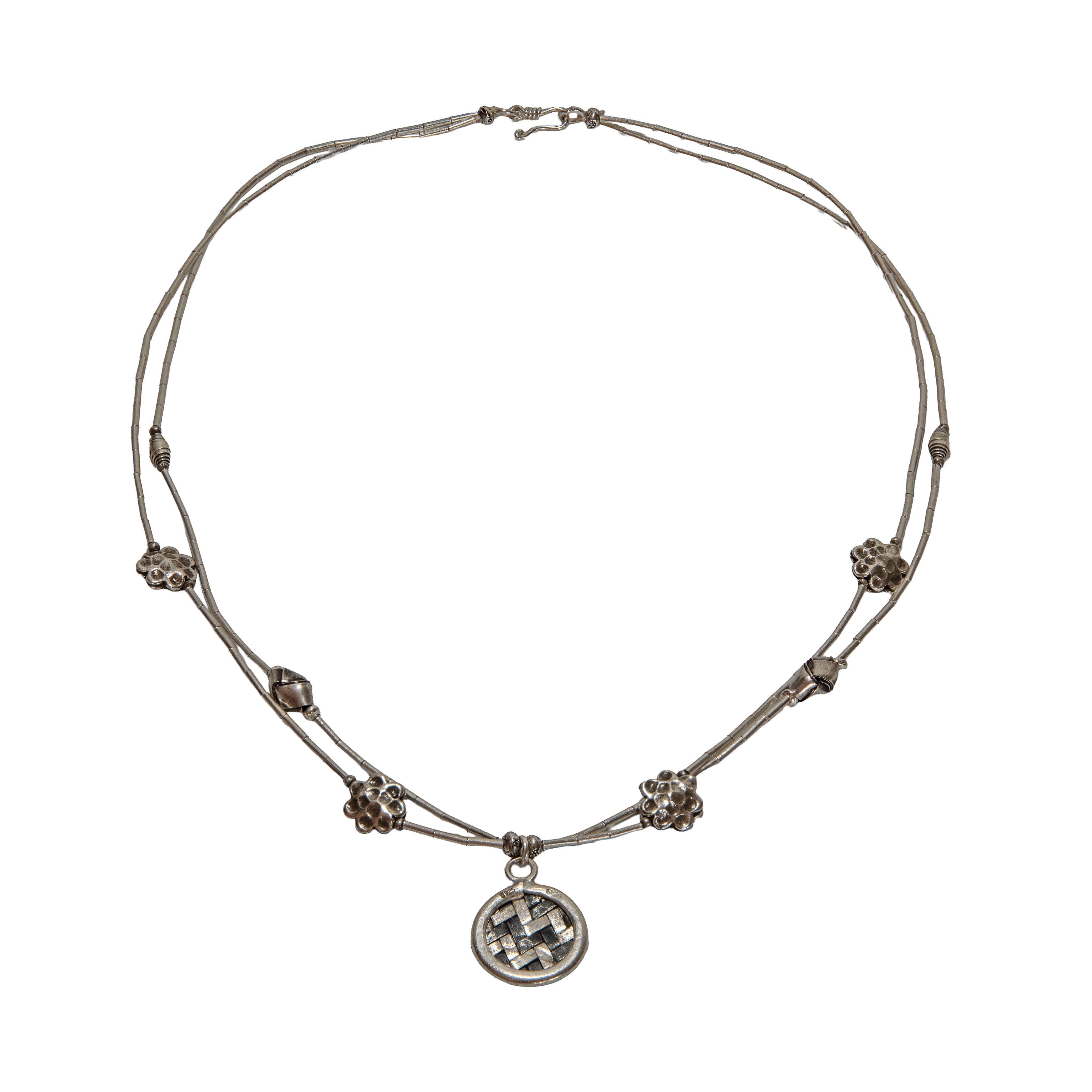 Handcrafted 98% Fine Karen Hill Tribe Silver Bamboo Multi-Strand Necklace with Woven Basket Pendant and Flower Clusters, Handmade Jewelry from Chiang Rai Thailand - Lalanna Design