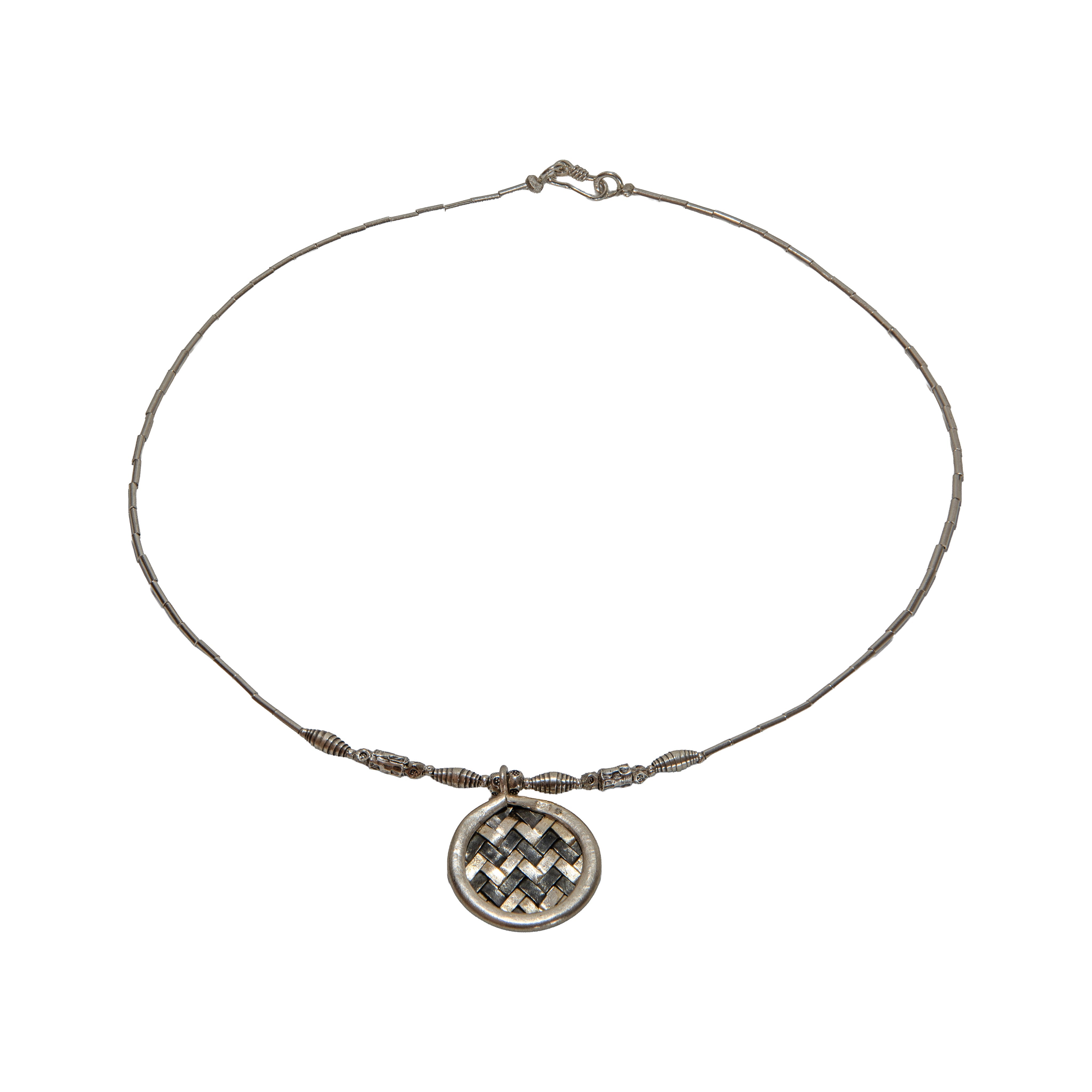 Handcrafted 98% Fine Karen Hill Tribe Silver Bamboo Necklace with Woven Basket Weave Round Pendant, Handmade Jewelry from Chiang Rai Thailand - Lalanna Design