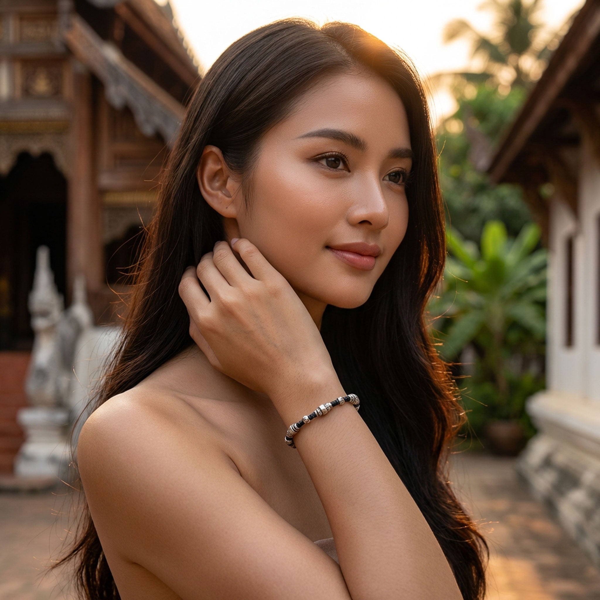 Handcrafted 98% Fine Karen Hill Tribe Silver Beaded Black Cord Bracelet - Handmade Jewelry from Chiang Rai Thailand - Lalanna Design