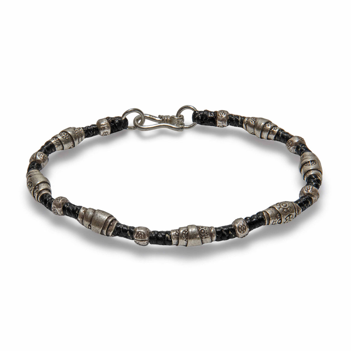 Handcrafted 98% Fine Karen Hill Tribe Silver Beaded Black Cord Bracelet, Handmade Jewelry from Chiang Mai Thailand - Lalanna Design