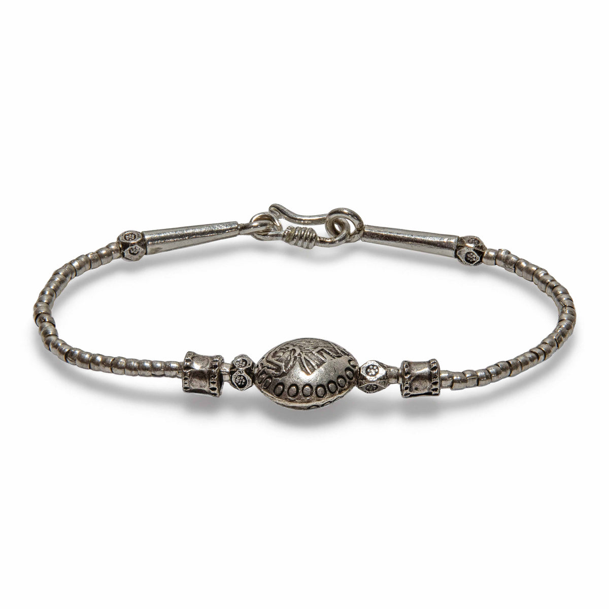 Handcrafted 98% Fine Karen Hill Tribe Silver Beaded Bracelet - Engraved Oval Medallion, Handmade Jewelry from Chiang Mai Thailand - Lalanna Design