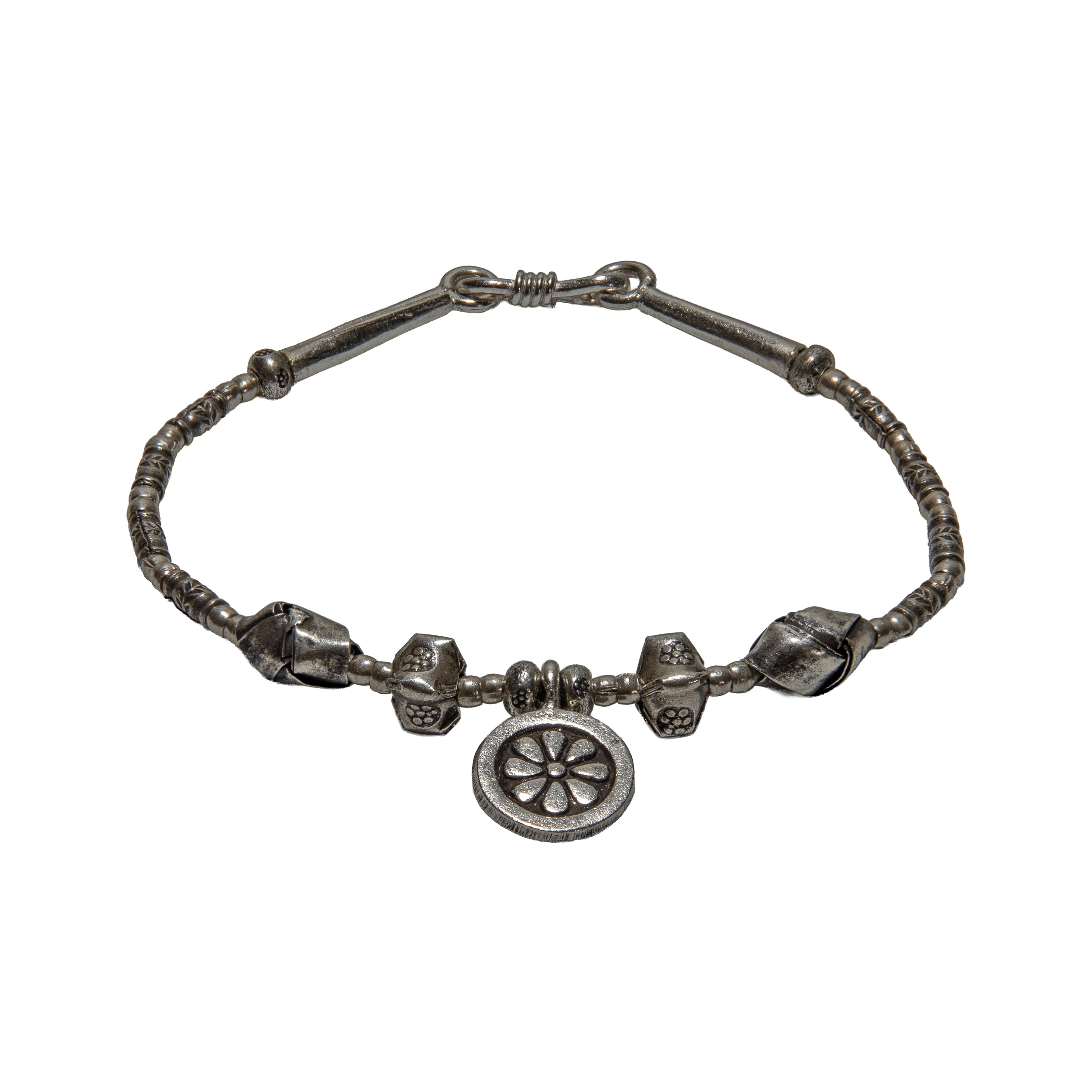 Handcrafted 98% Fine Karen Hill Tribe Silver Beaded Bracelet - Floral Medallion Charm, Handmade Jewelry from Chiang Rai Thailand - Lalanna Design