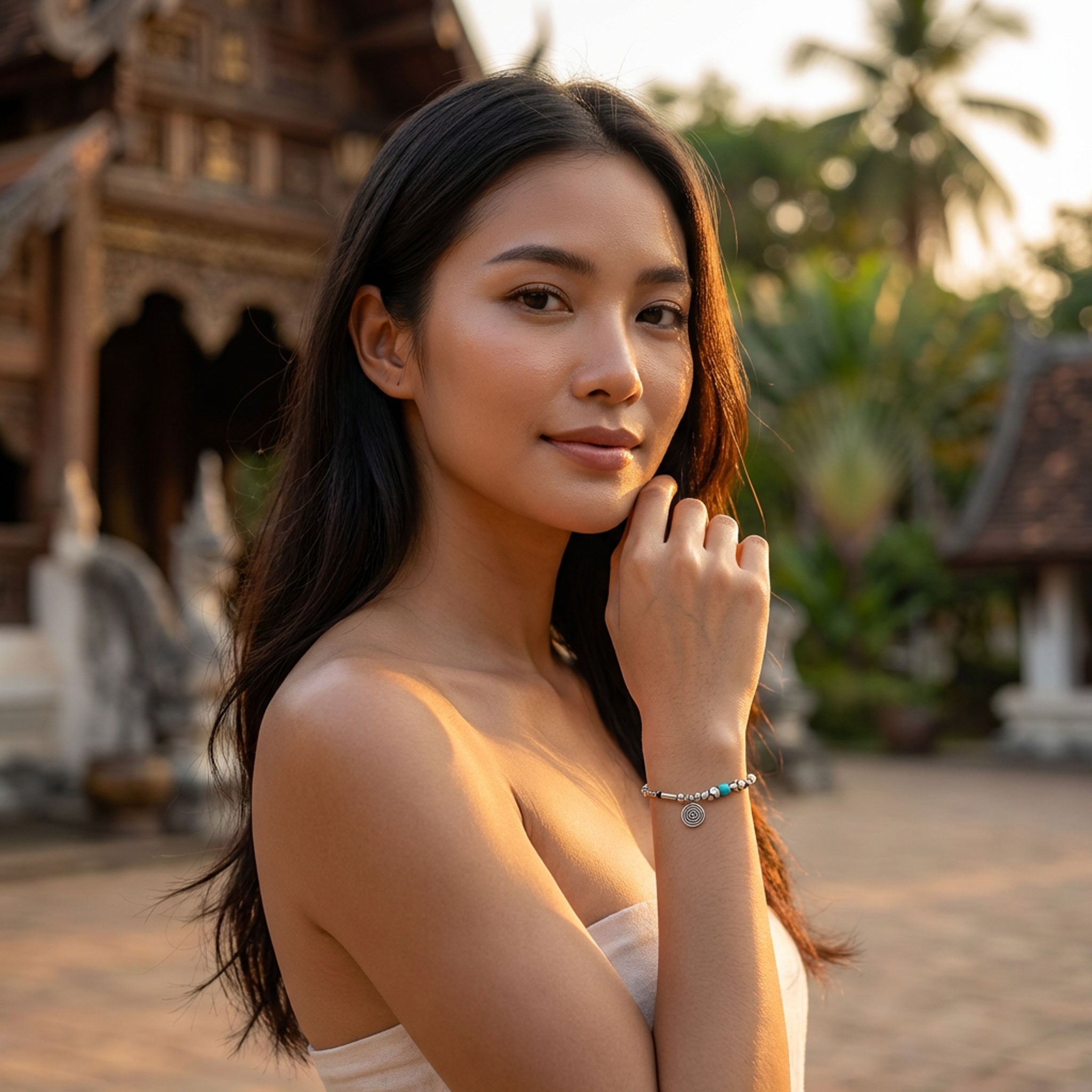 Handcrafted 98% Fine Karen Hill Tribe Silver Beaded Bracelet - Turquoise Accent & Spiral Charm, Handmade Jewelry from Chiang Rai Thailand - Lalanna Design
