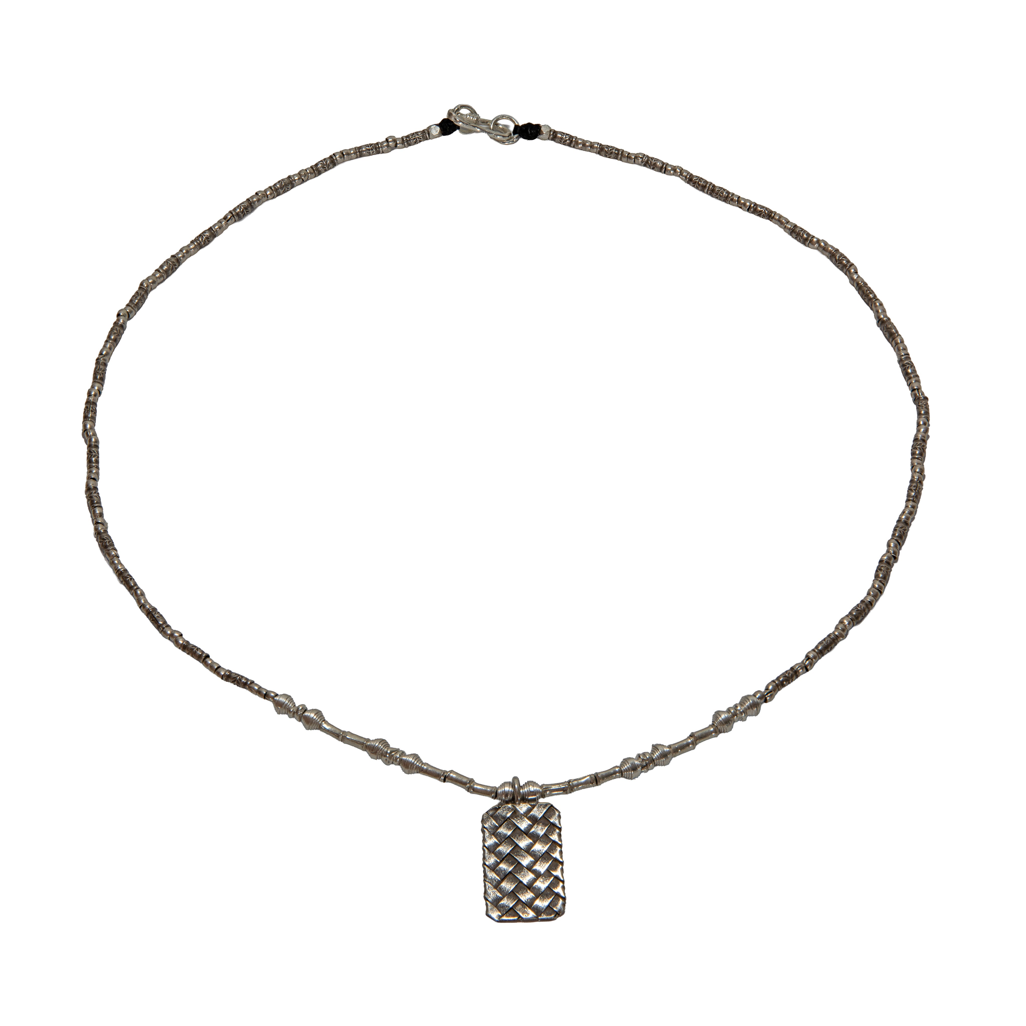 Handcrafted 98% Fine Karen Hill Tribe Silver Beaded Necklace with Rectangular Woven Basket Pendant, Handmade Jewelry from Chiang Rai Thailand - Lalanna Design