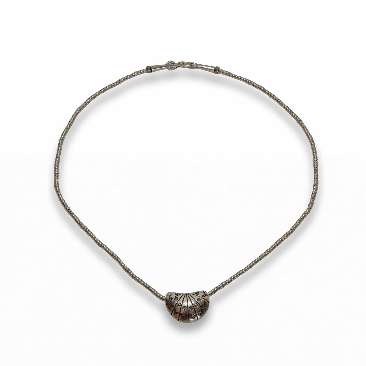 Handcrafted 98% Fine Karen Hill Tribe Silver Beaded Necklace with Scallop Shell Half-Moon Pendant, Handmade Jewelry from Chiang Mai Thailand - Lalanna Design