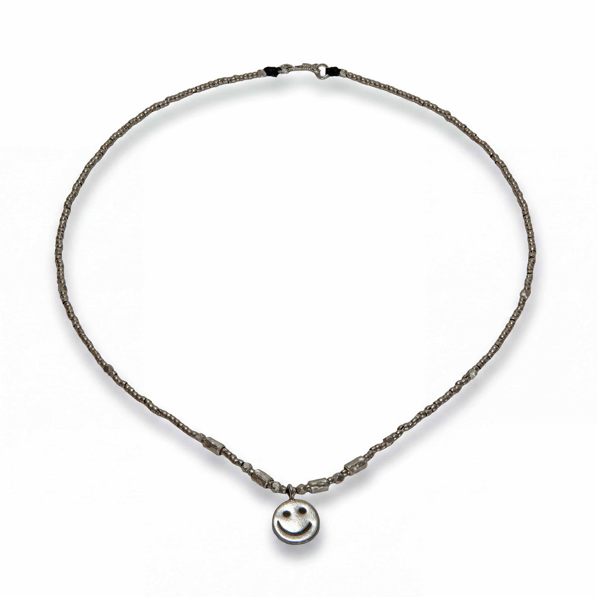 Handcrafted 98% Fine Karen Hill Tribe Silver Beaded Necklace with Smiley Face Pendant, Handmade Jewelry from Chiang Mai Thailand - Lalanna Design