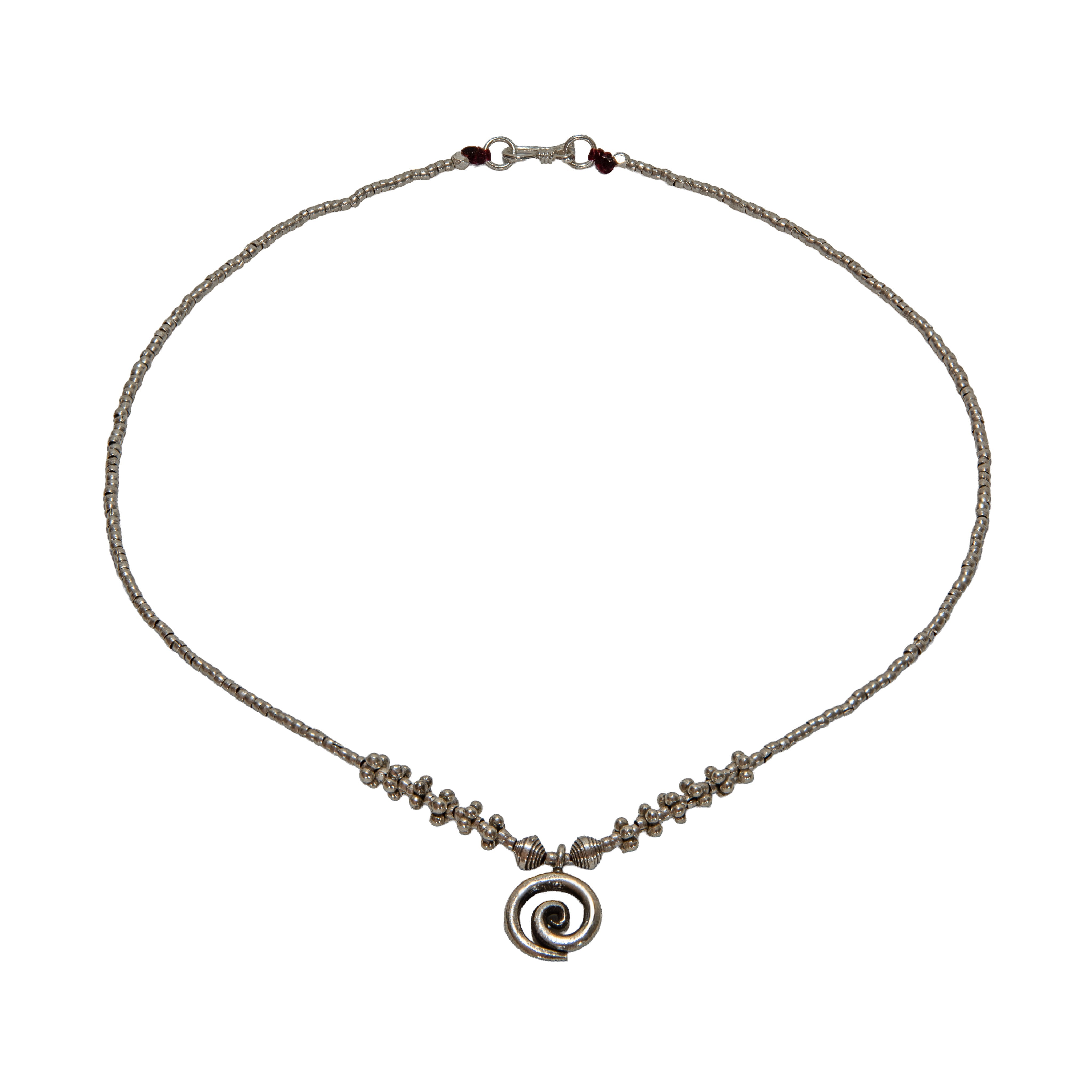 Handcrafted 98% Fine Karen Hill Tribe Silver Beaded Necklace with Spiral Pendant, Handmade Jewelry from Chiang Rai Thailand - Lalanna Design