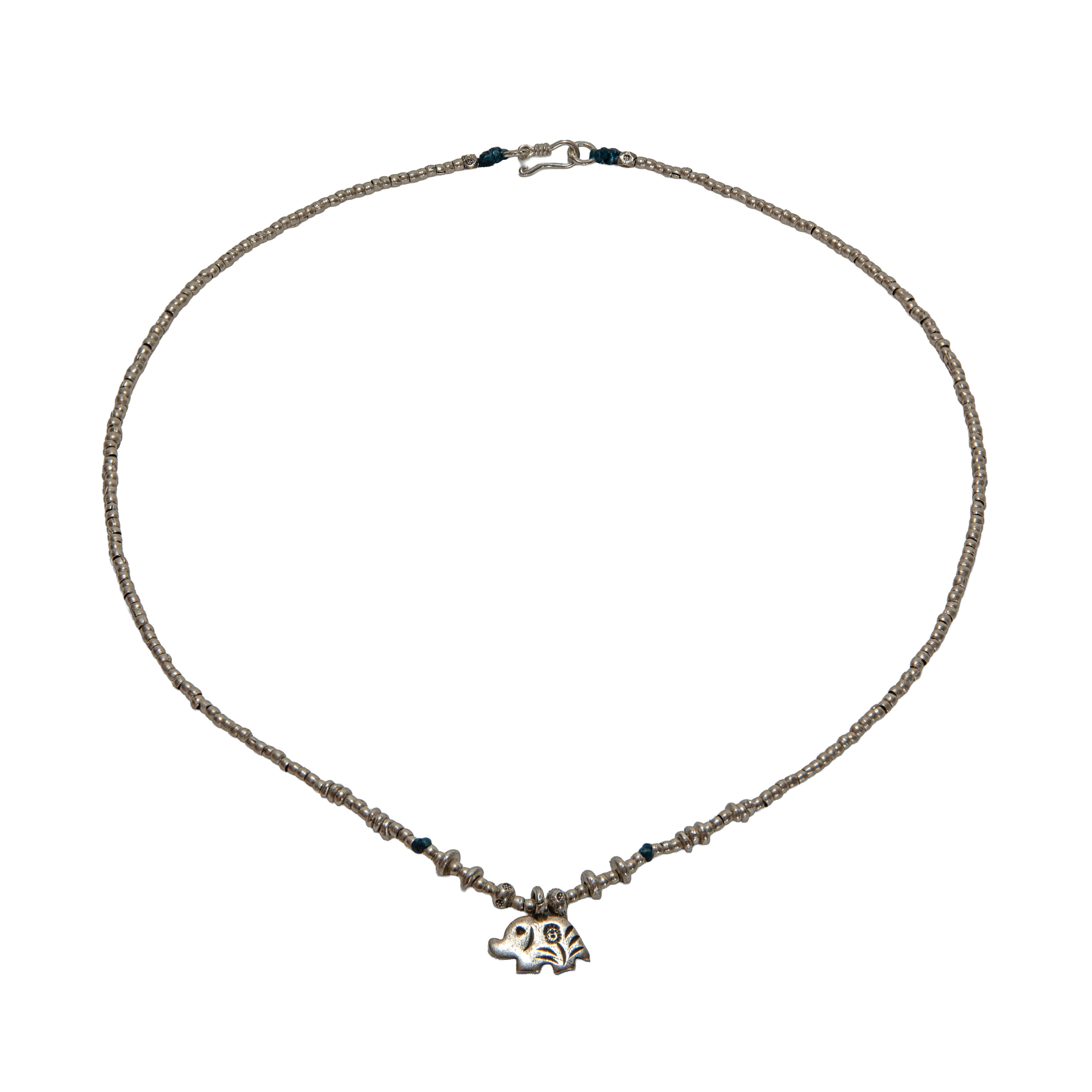 Handcrafted 98% Fine Karen Hill Tribe Silver Beaded Necklace with Stylized Lucky Elephant Pendant, Handmade Jewelry from Chiang Rai Thailand - Lalanna Design