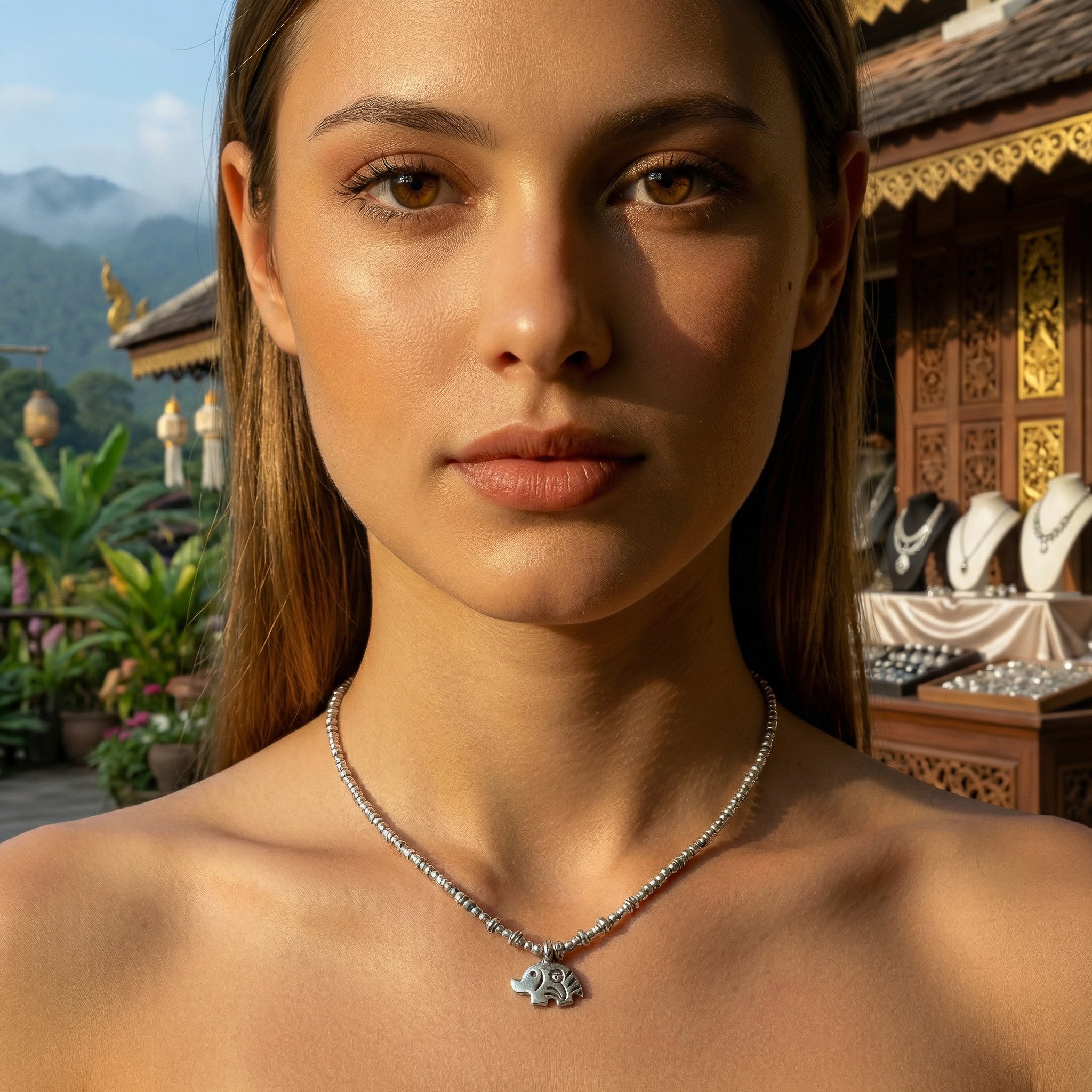 Handcrafted 98% Fine Karen Hill Tribe Silver Beaded Necklace with Stylized Lucky Elephant Pendant, Handmade Jewelry from Chiang Rai Thailand - Lalanna Design