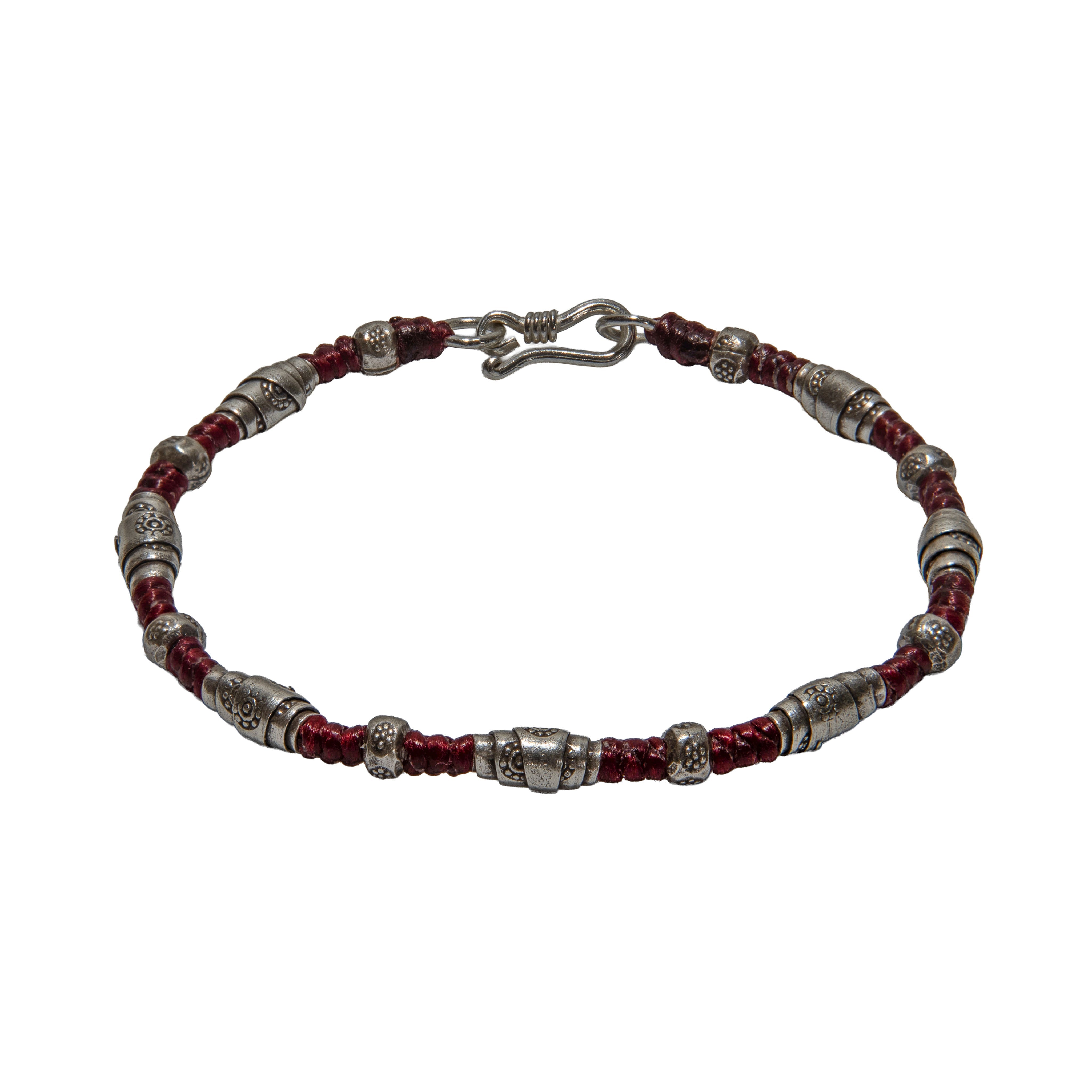 Handcrafted 98% Fine Karen Hill Tribe Silver Beaded Red Cord Bracelet - Handmade Jewelry from Chiang Rai Thailand - Lalanna Design