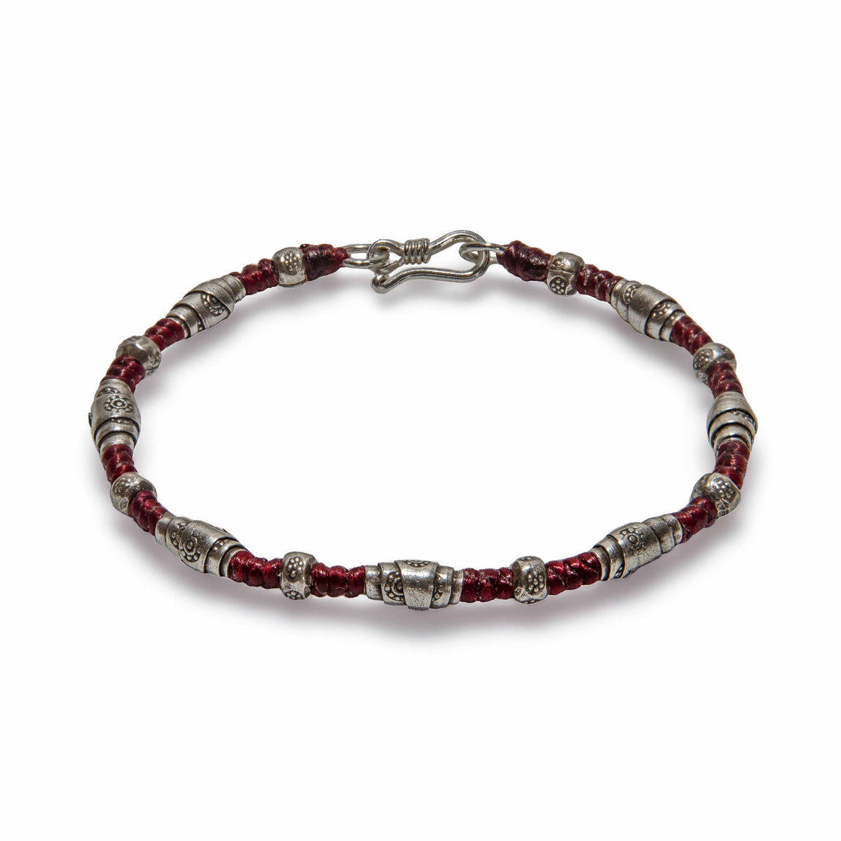 Handcrafted 98% Fine Karen Hill Tribe Silver Beaded Red Cord Bracelet, Handmade Jewelry from Chiang Mai Thailand - Lalanna Design