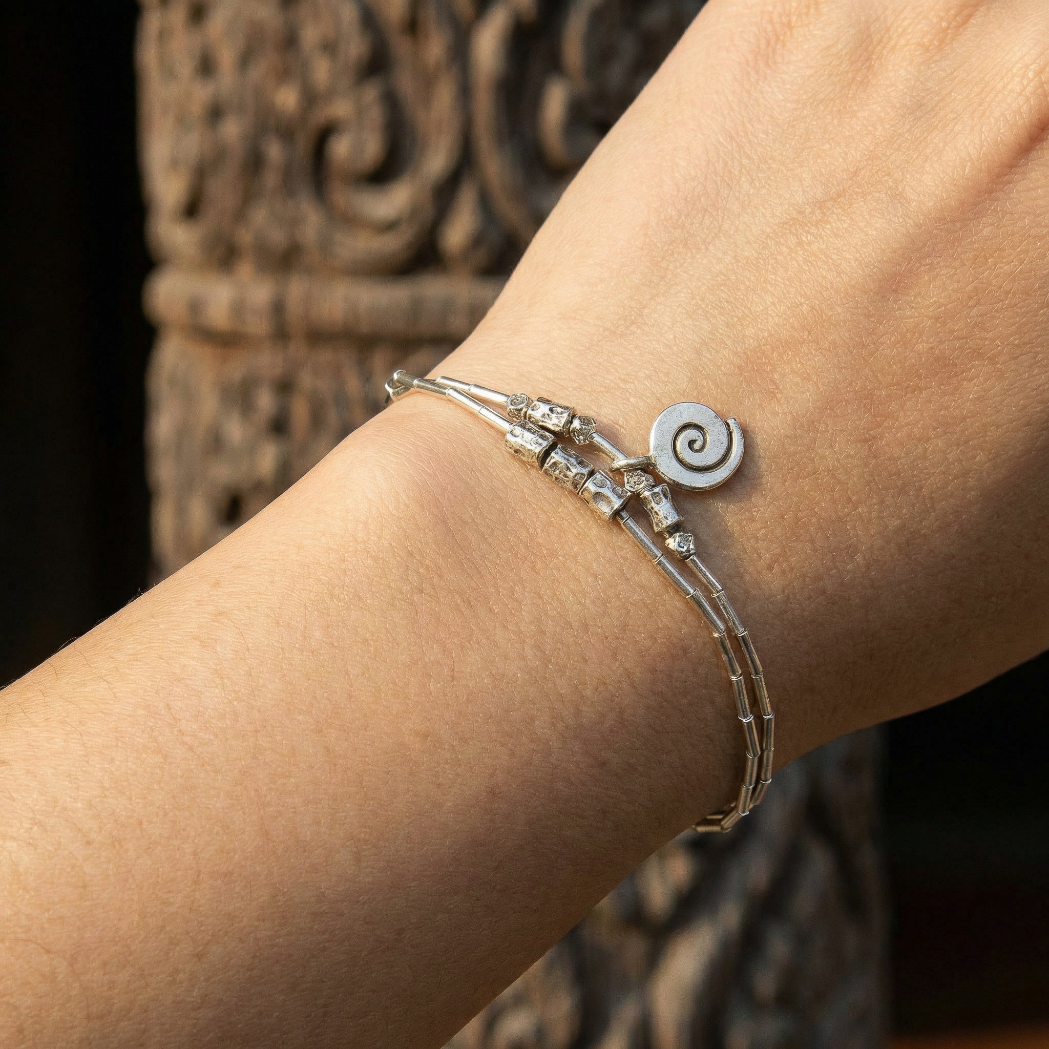 Handcrafted 98% Fine Karen Hill Tribe Silver Double Strand Bracelet - Bamboo Beads with Spiral Charm, Handmade Jewelry from Chiang Rai Thailand - Lalanna Design