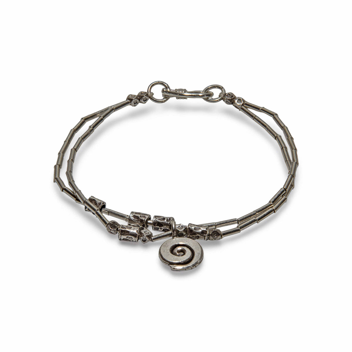 Handcrafted 98% Fine Karen Hill Tribe Silver Double Strand Bracelet - Bamboo Beads with Spiral Charm, Handmade Jewelry from Chiang Mai Thailand - Lalanna Design