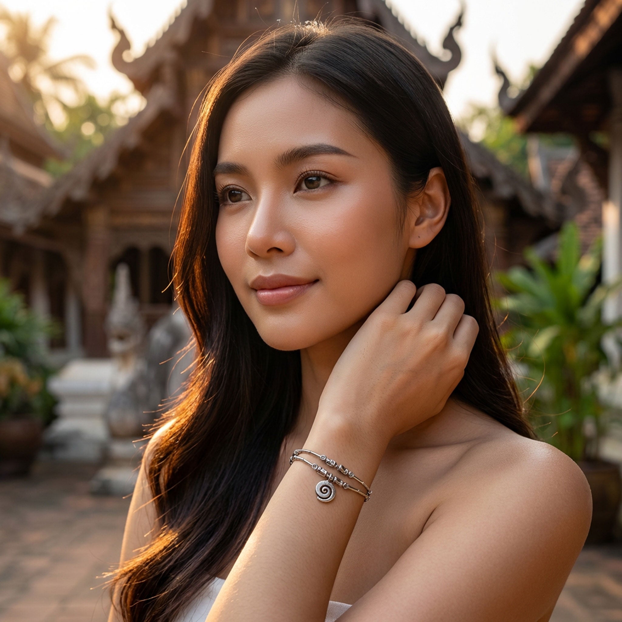 Handcrafted 98% Fine Karen Hill Tribe Silver Double Strand Bracelet - Bamboo Beads with Spiral Charm, Handmade Jewelry from Chiang Rai Thailand - Lalanna Design