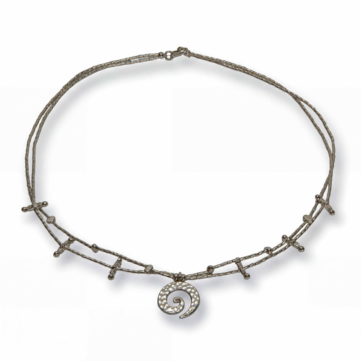 Handcrafted 98% Fine Karen Hill Tribe Silver Multi-Strand Twisted Wire Necklace with Textured Spiral Pendant, Handmade Jewelry from Chiang Mai Thailand - Lalanna Design