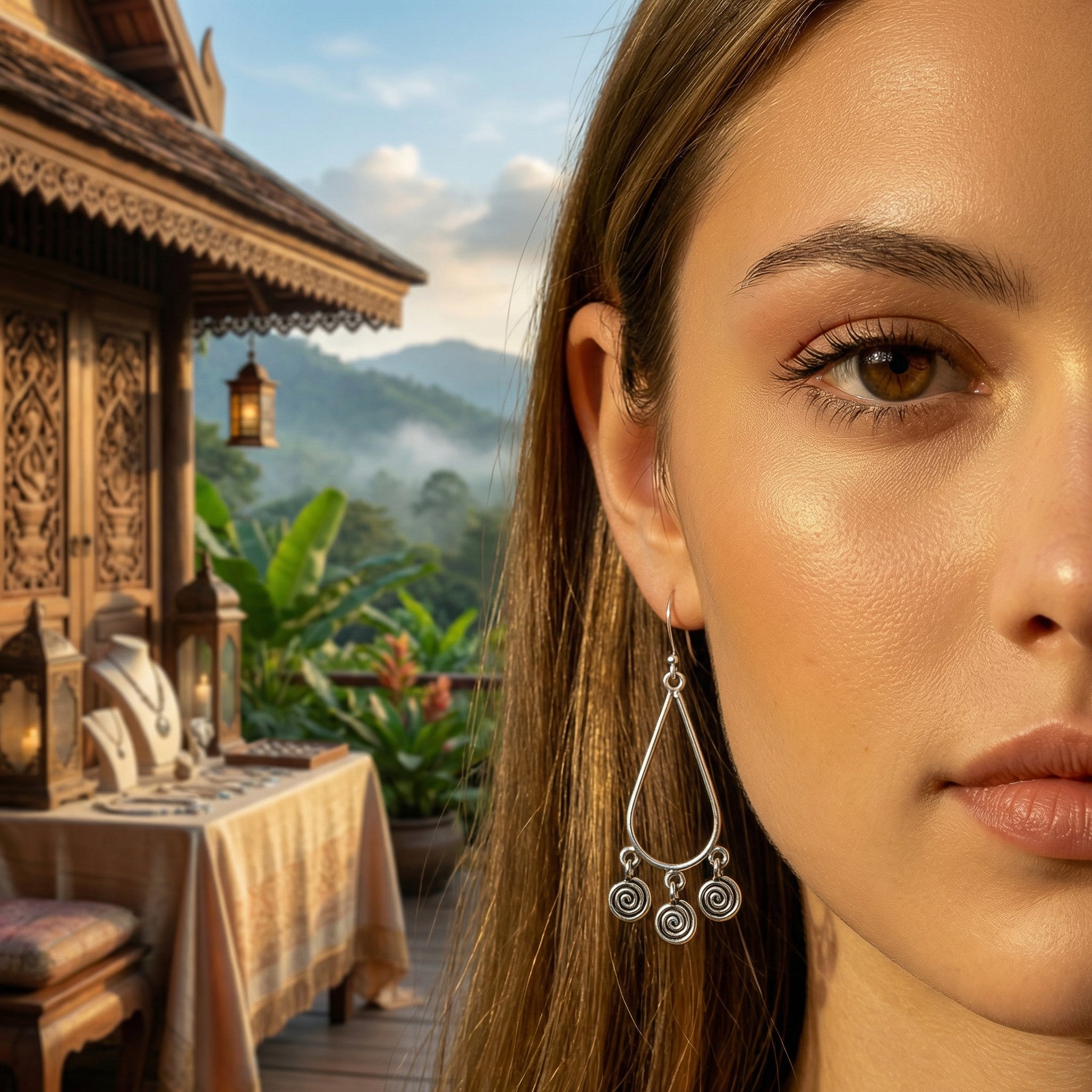 Handcrafted 98% Fine Karen Hill Tribe Silver Teardrop Spiral Charm Earrings, Handmade Jewelry from Chiang Mai Thailand - Lalanna Design