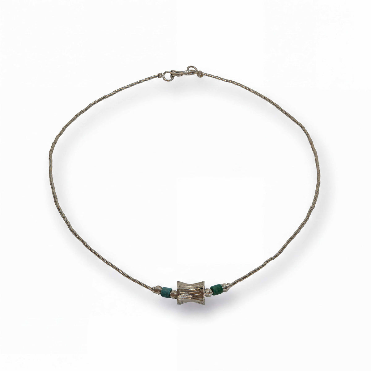 Handcrafted 98% Fine Karen Hill Tribe Silver Twisted Wire Necklace with Turquoise Beads and Central Hourglass Pendant, Handmade Jewelry from Chiang Mai Thailand - Lalanna Design