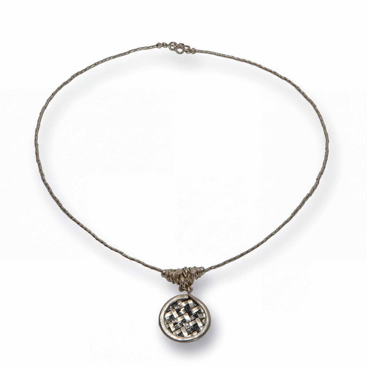 Handcrafted 98% Fine Karen Hill Tribe Silver Twisted Wire Necklace with Woven Basket Round Pendant, Handmade Jewelry from Chiang Mai Thailand - Lalanna Design